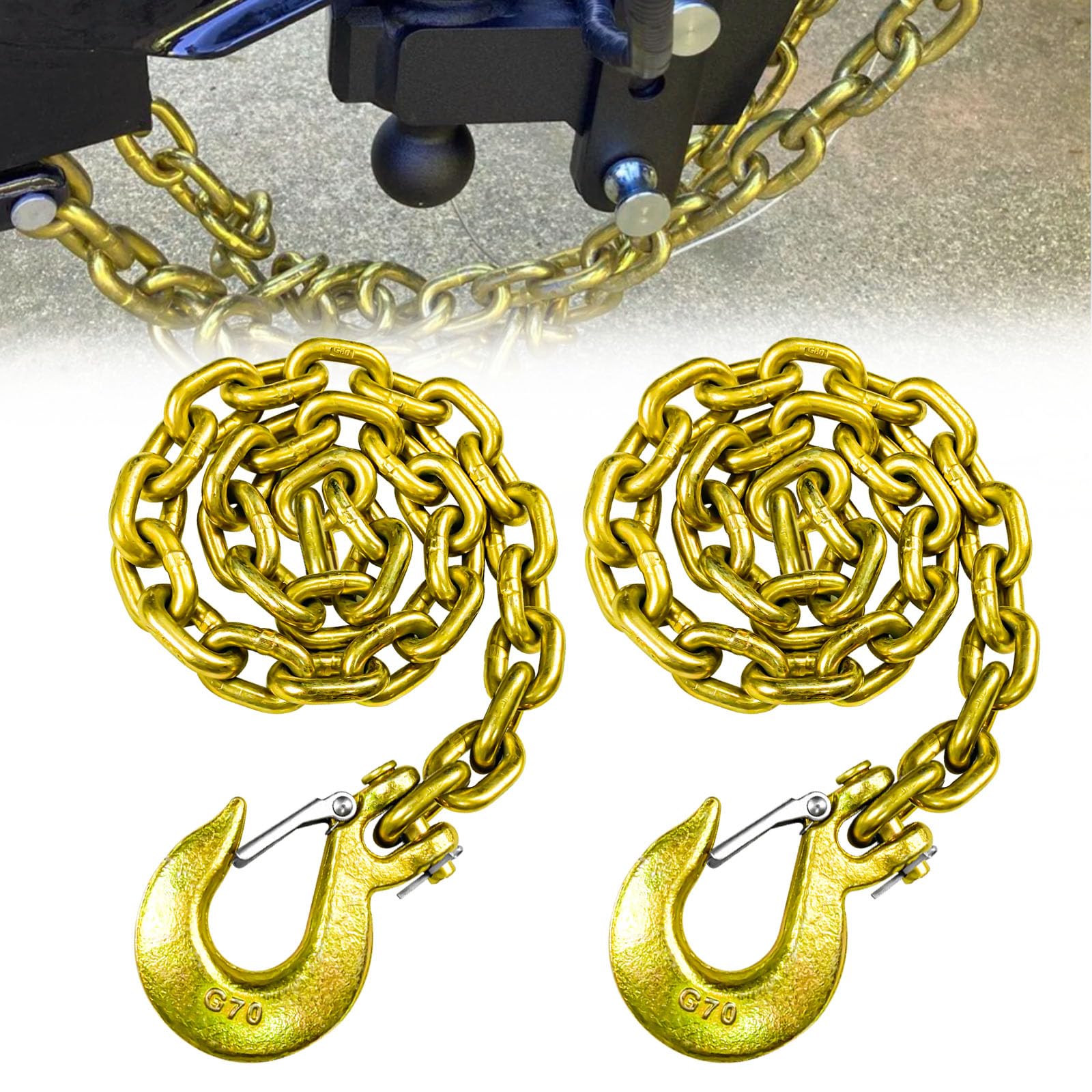 Fithoist G80 Trailer Safety Chain 39 Inch | Tow Chain With 3/8'' Clevis Snap Hook | 2-Pack Heavy Duty Chain Break Strength 25,00