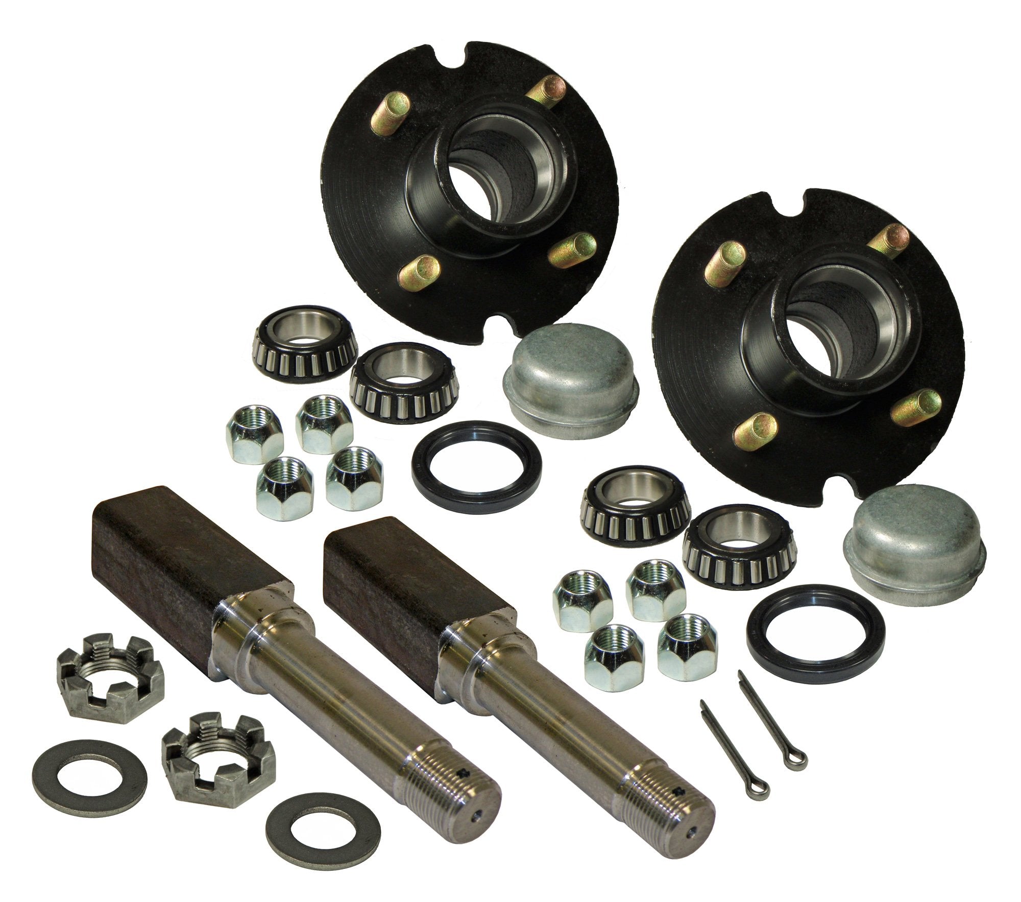 Pair of 4-Bolt On 4 Inch Hub Assembly (AKSQ-220044) Includes (2) Square Shaft 1-1/16 Inch Straight Spindles & Bearings