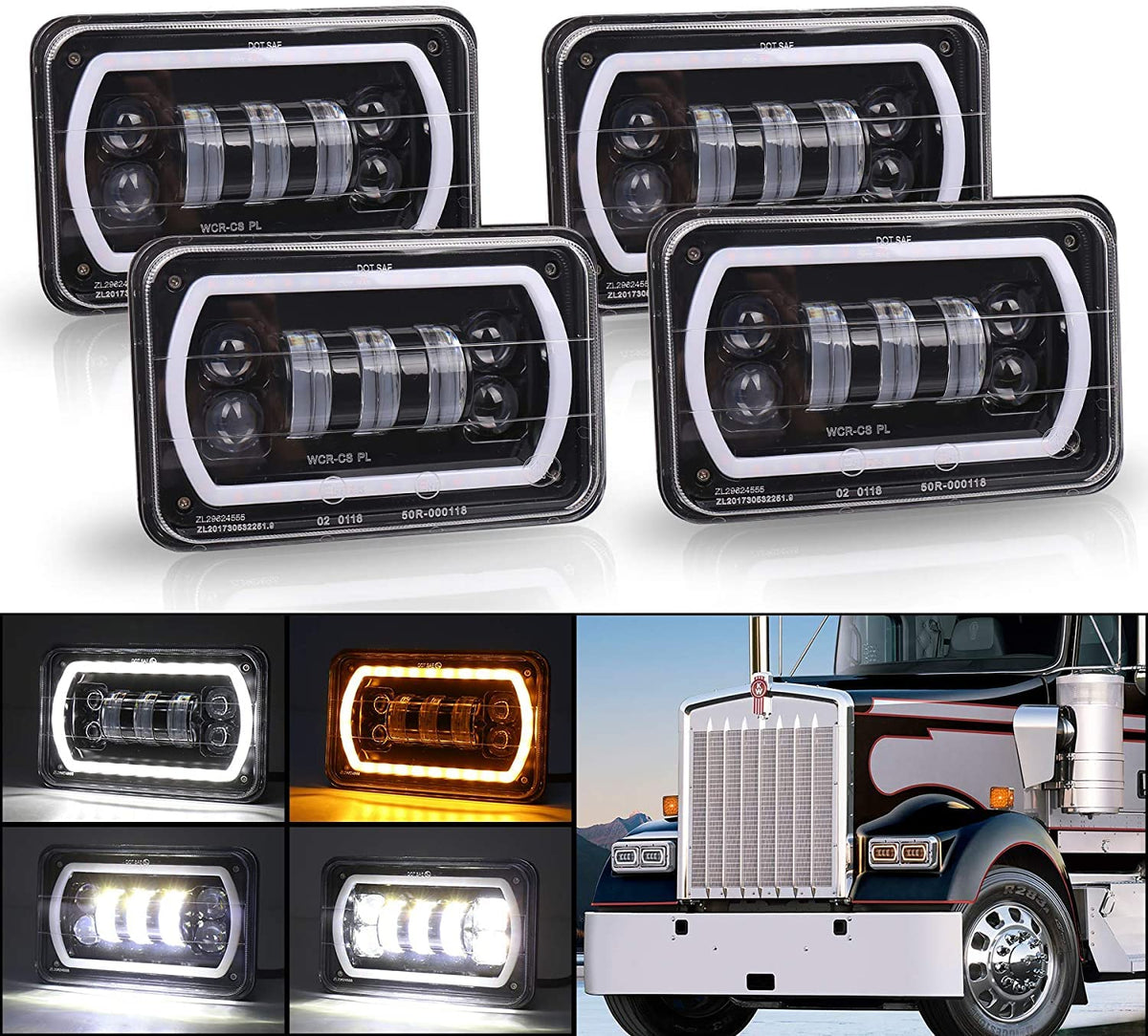 MOVOTOR Off Road 4x6 Led Headlights with White/Yellow Halo Seal Beam H4651 H4656 H6545 H4668 Replacement Headlamp for Ford Kenwo