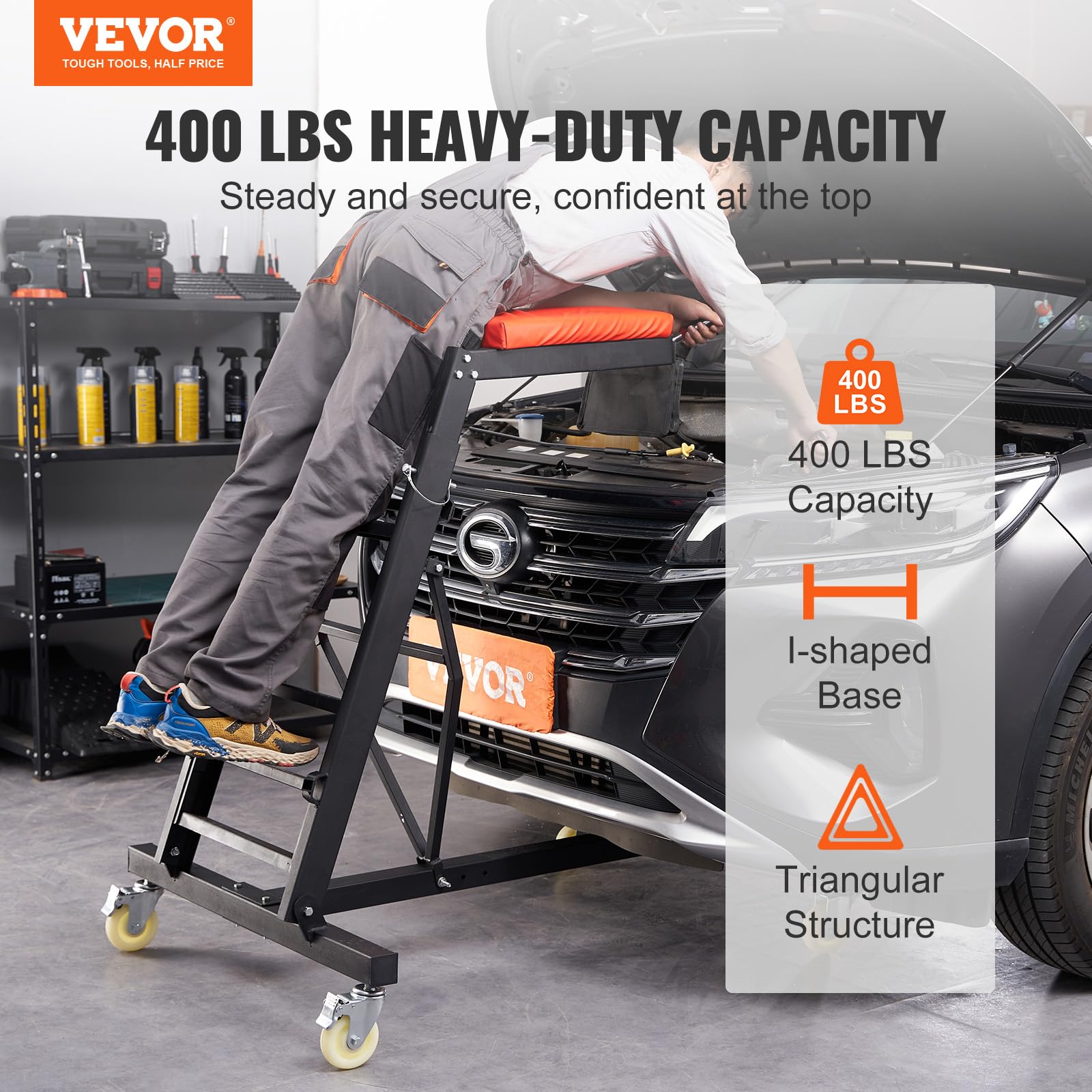 VEVOR Top Automotive Creeper, with Adjustable Height 45.7 to 66.3, 400 LBS Capacity High Creeper, 4 Swivel Caster Wheels, He