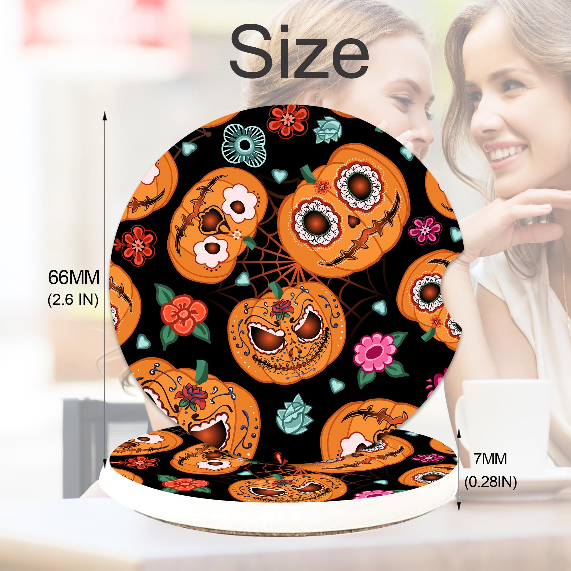 Halloween Spider Web Pumpkin Car Coasters For Cup Holders, Car Accessories, 2 Pack Absorbent Ceramic Car Cup Holder Coasters For