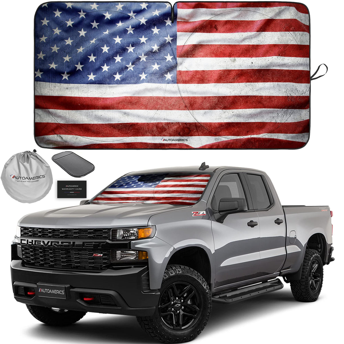 Autoamerics 1-Piece Windshield Sun Shade Grunge American Flag - 3 Usa Design - Foldable Car Front Window Sunshade For Most Sedan