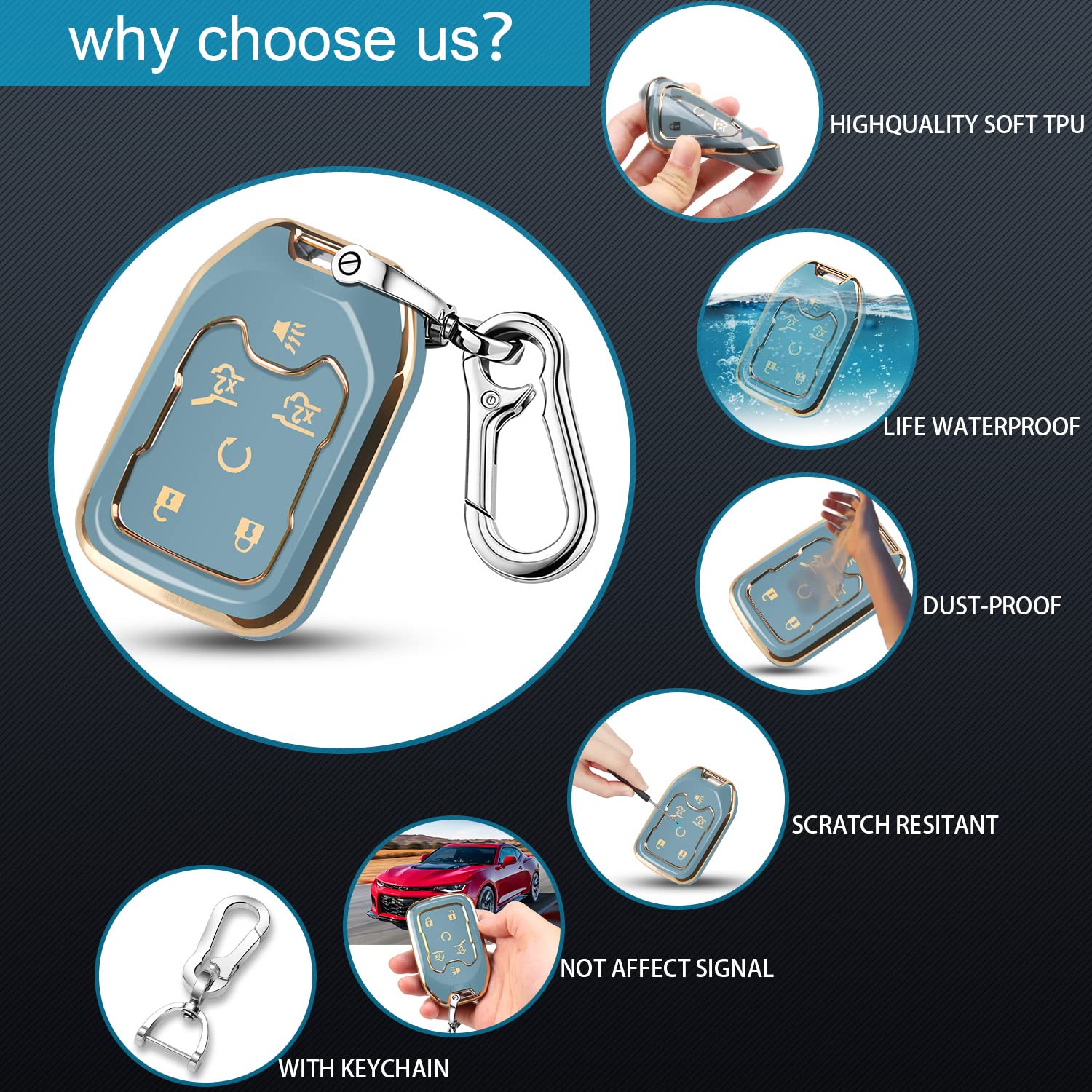 Qbuc For Gmc 360°Protector Key Fob Cover With Keychain For 2019-2021 Chevrolet Chevy Silverado And Gmc Sierra 1500 2500Hd 3500Hd Terrain Acadia Yukon 3/4/5/6 Button Smart Key(Blue)
