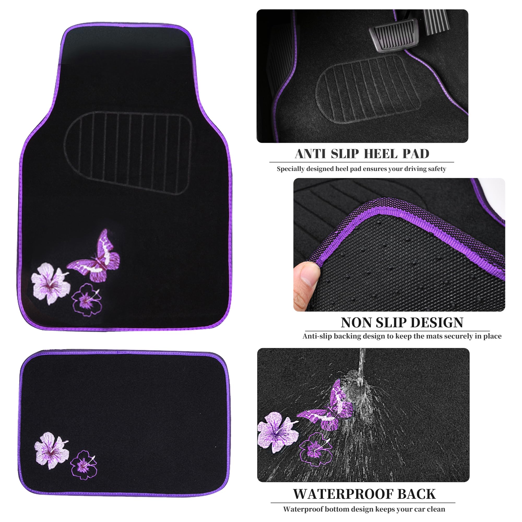 Car Pass Butterfly Steering Wheel Cover And Waterproof Car Floor Mats,Purple Car Mats 14.5-15Inch Steering Wheel Covers Universa