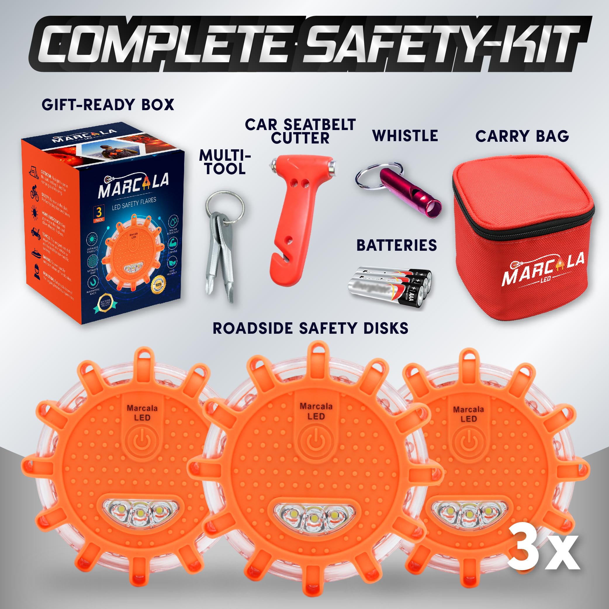 Marcala Led Road Flares Emergency Lights | 3-Pack Roadside Safety Disc Kit W/Whistle | Dot Compliant Emergency Flares For Car W/