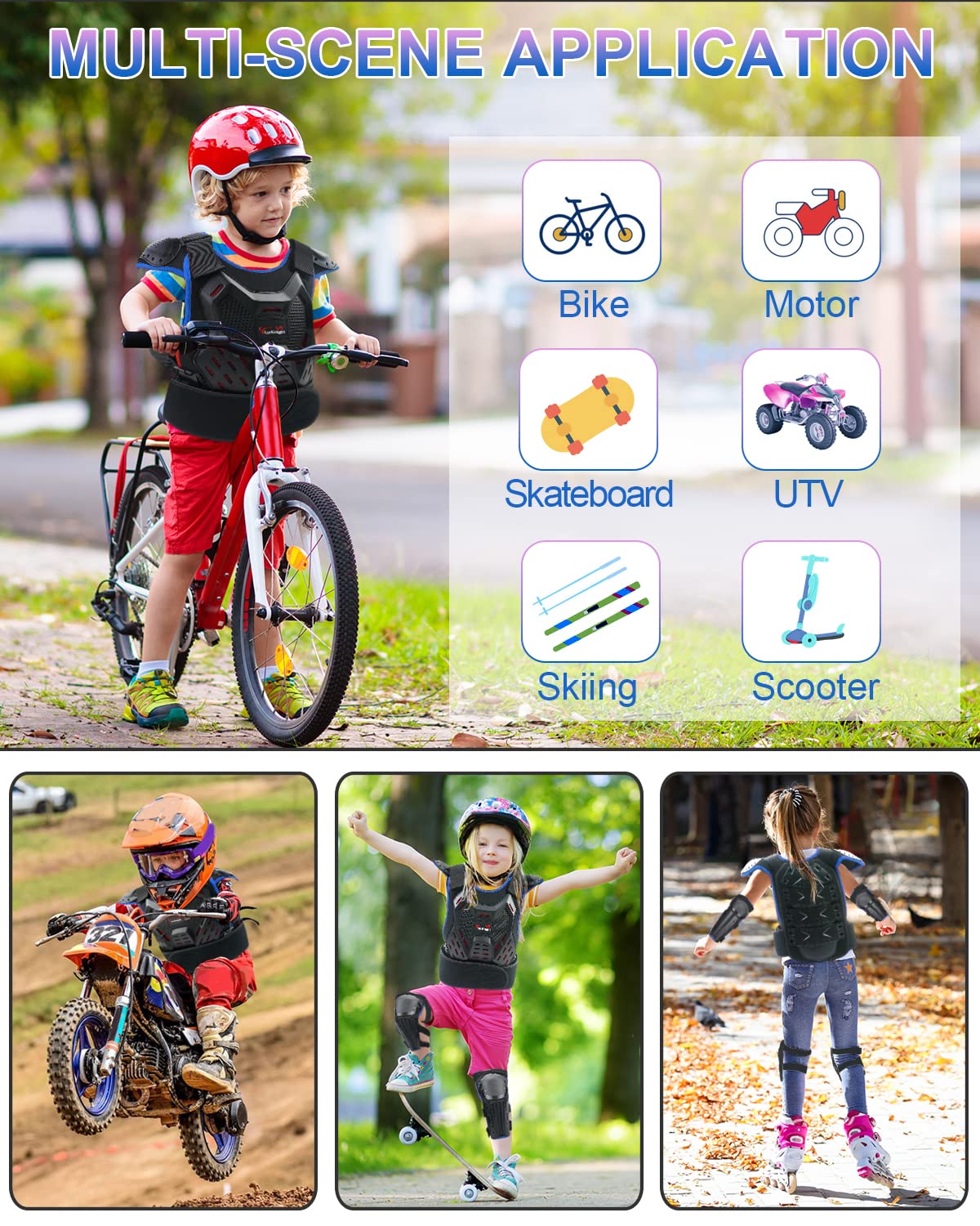 Starknightmt Kids Motorcycle Armor Suit Dirt Bike Gear, Youth Motocross Riding Protector With Knee Elbow Arm Shoulder Protection Pad For Cycling Off-Road Riding Skiing Skating (Blue)