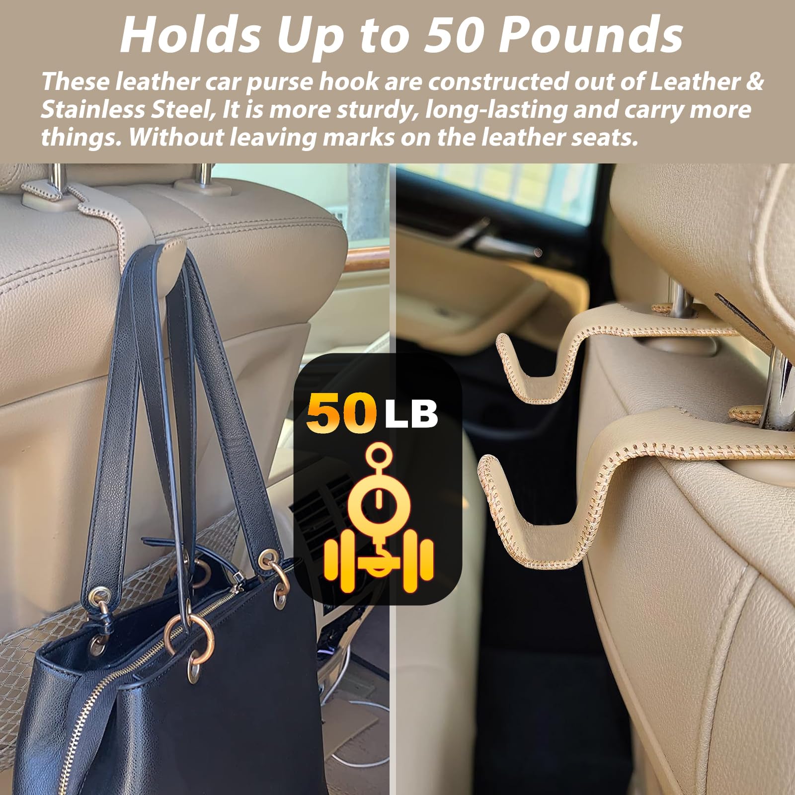 Etre Jeune Purse Hook for Car, Purse Holder Car Headrest Hooks Leather for Hanging Purses and Bags, 2 Pack Beige