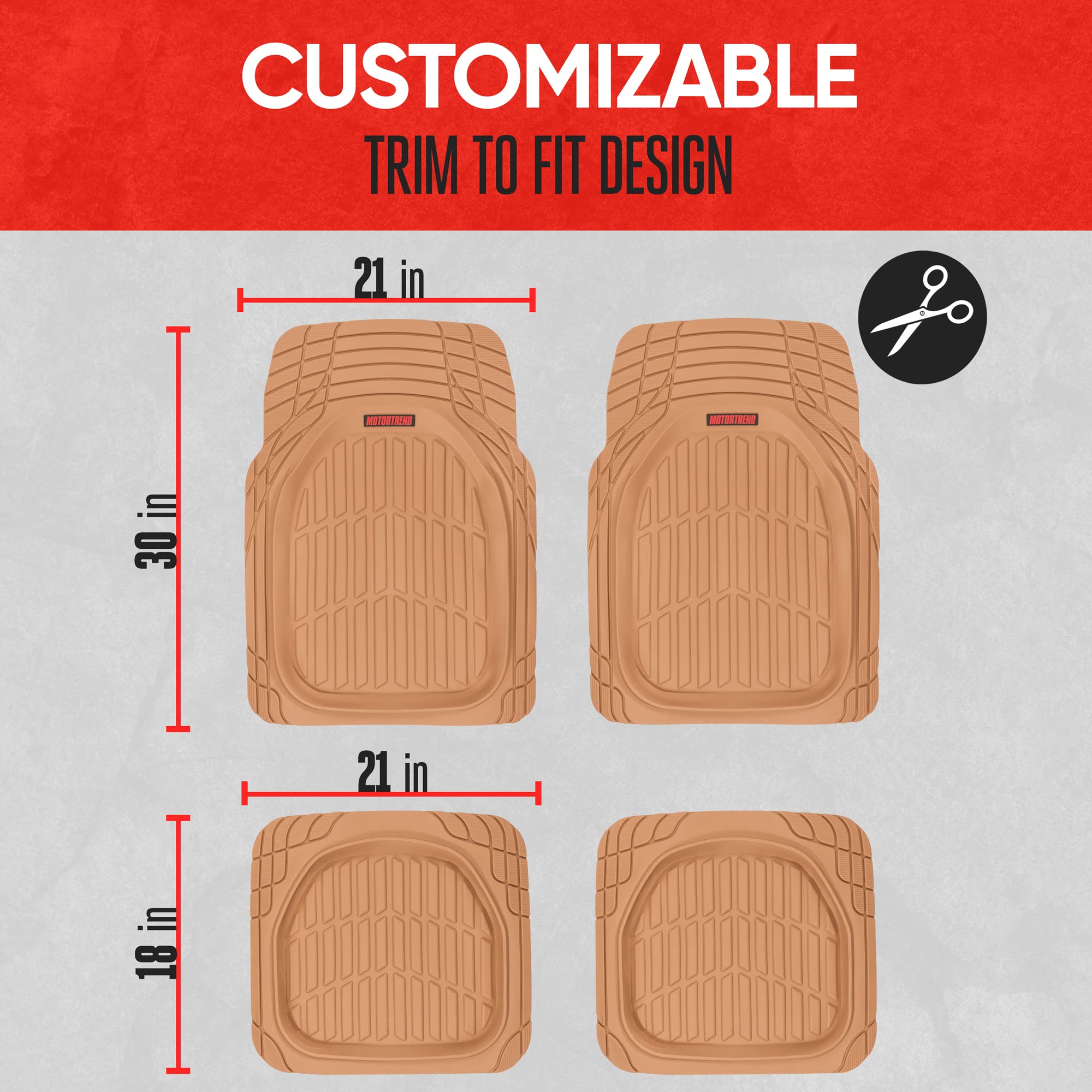 Motor Trend - MT-921-BG Flextough Tortoise - Heavy Duty Rubber Floor Mats for Car SUV Van & Truck - All Weather Protection - Deep Dish (Tan Beige)