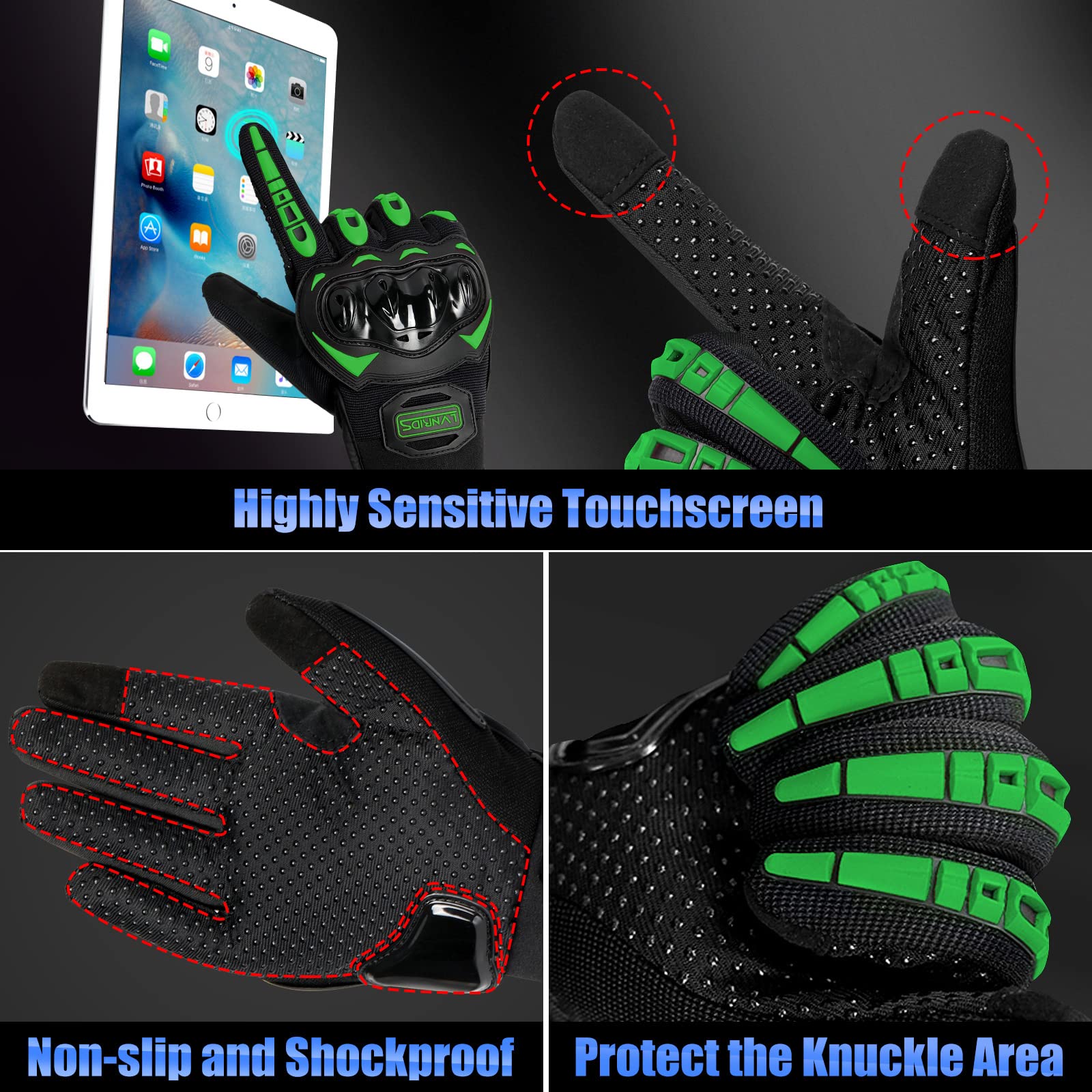 Lvnrids Motorcycle Gloves With Touchscreen Men And Women Racing Gloves For Motocross Bmx Atv Mtb Riding Cycling Green Xl