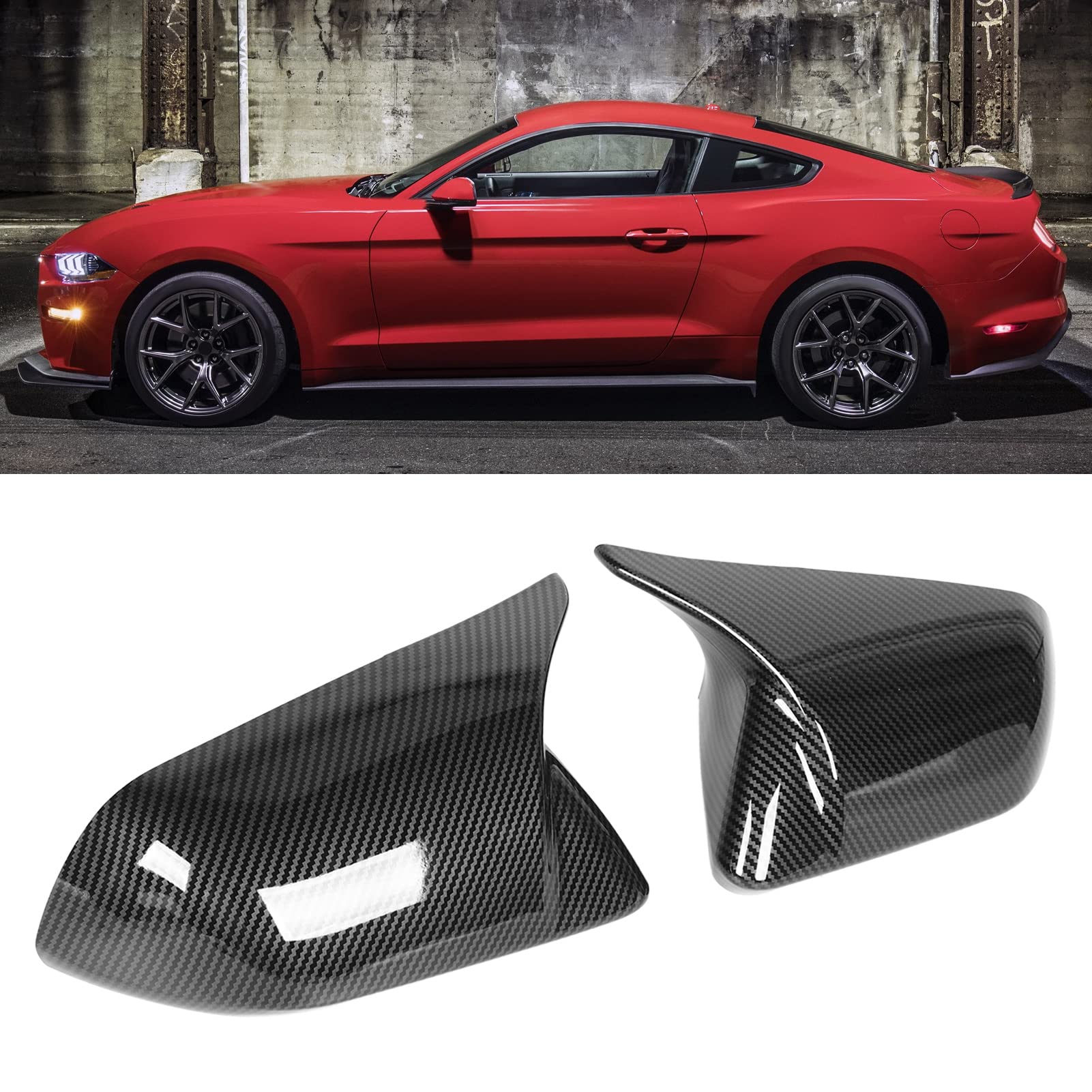 Wing Mirror Cover, 2Pcs Door Mirror Cover Left Right Horn Replacement For Mustang 2015 2016 2017 2018 2019 2020 2021 2022 (Carbon Fiber Pattern)