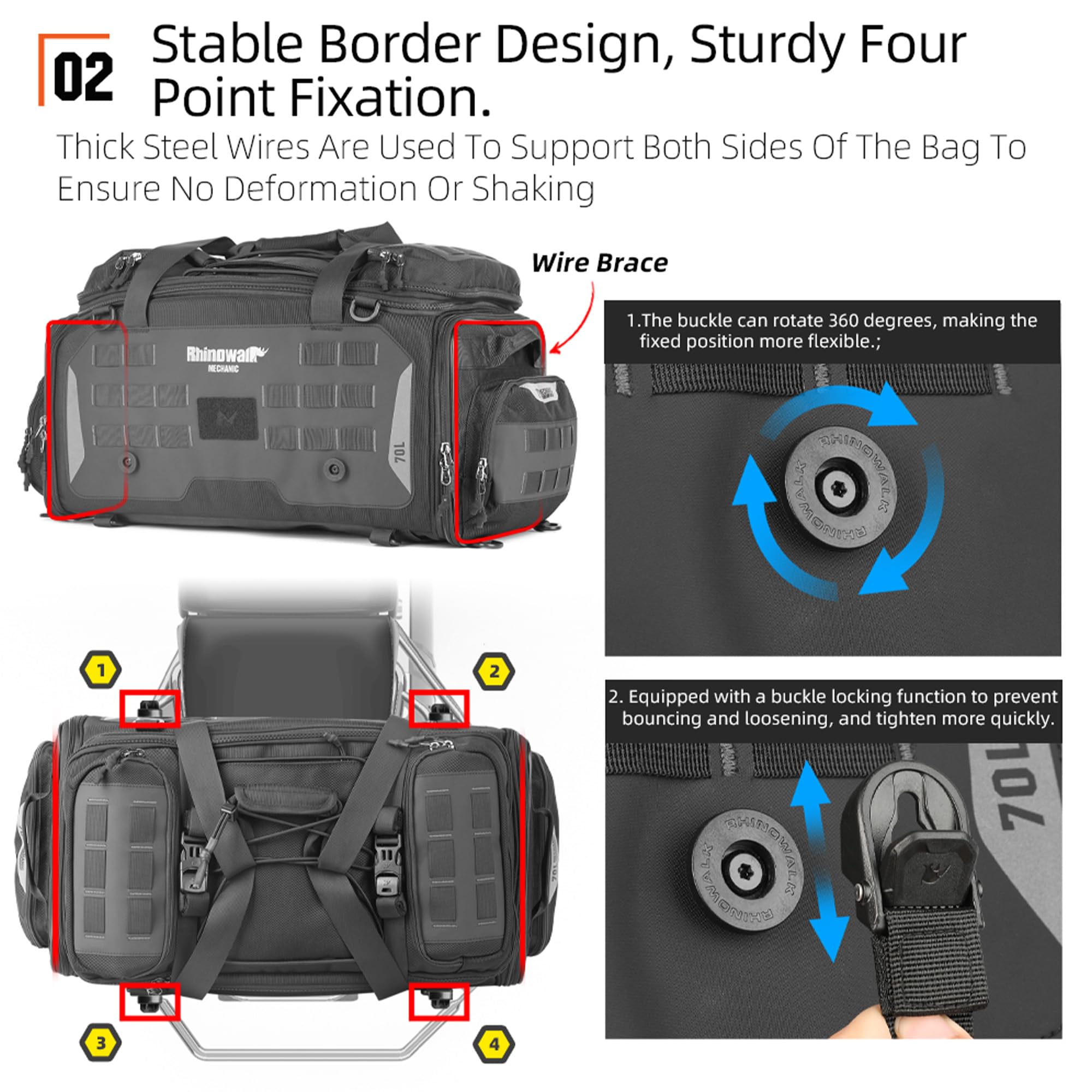Rhinowalk Motorcycle Tail Bag Expandable Motorcycle Travel Luggage Waterproof 70L With Molle System Trunk Rack Bag With Sissy Ba