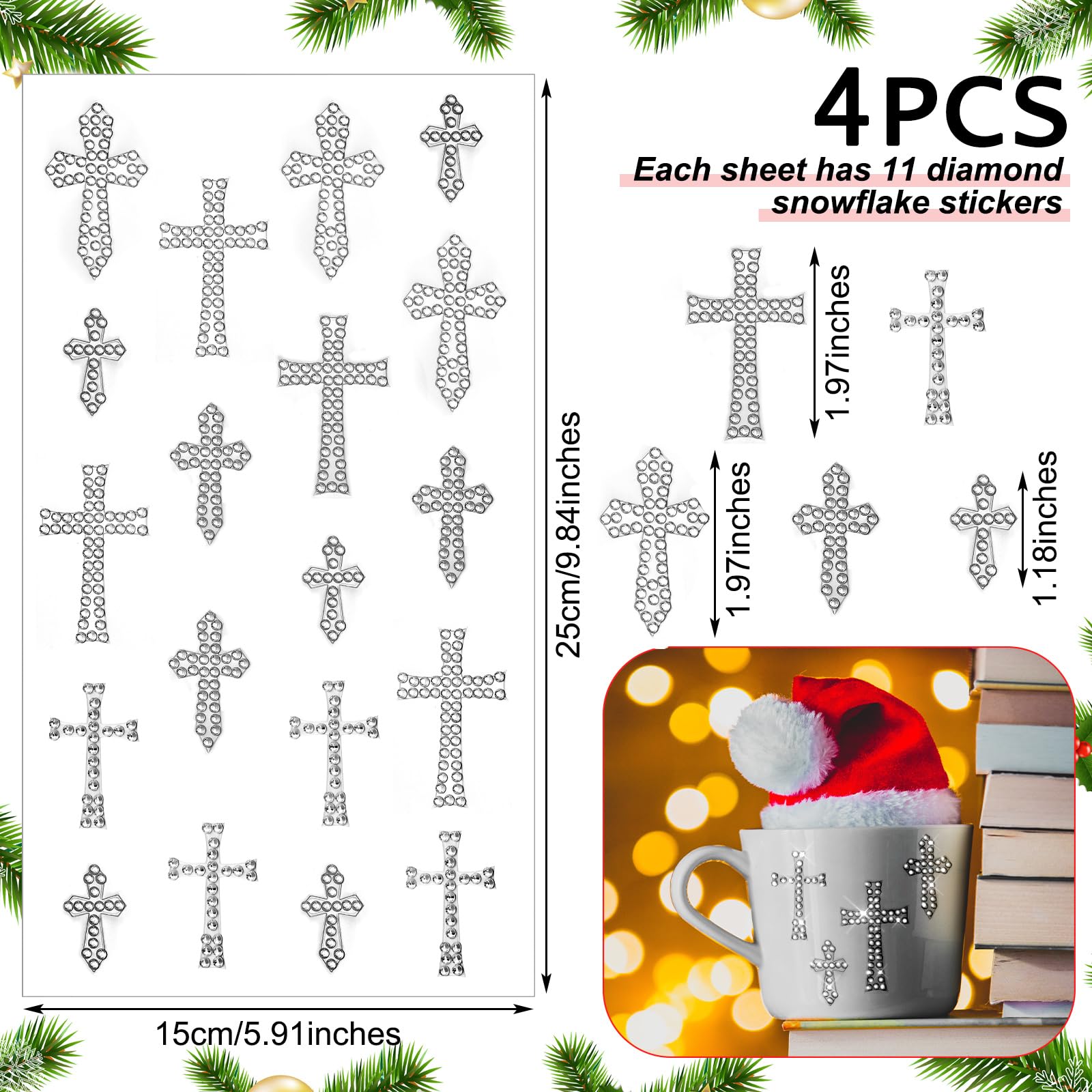 Epakh 76 Pcs Silver Rhinestone Cross Stickers Glitter Bling Cross Decals Crystal Self Adhesive Stickers For Easter Christian Jes