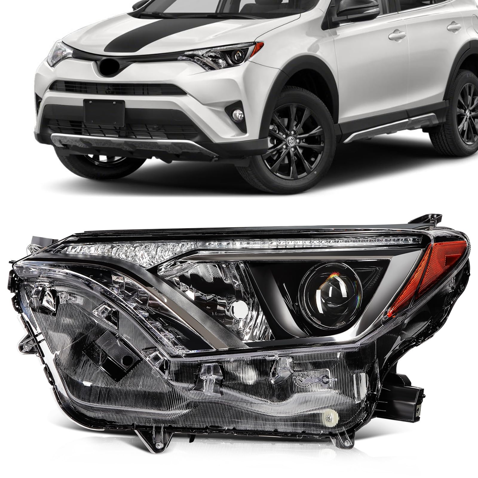 SCITOO Headlight Assembly Fit 2016-2018 for Toyota RAV4 Black Housing Amber Reflector Pair Headlights 81170-0R080
