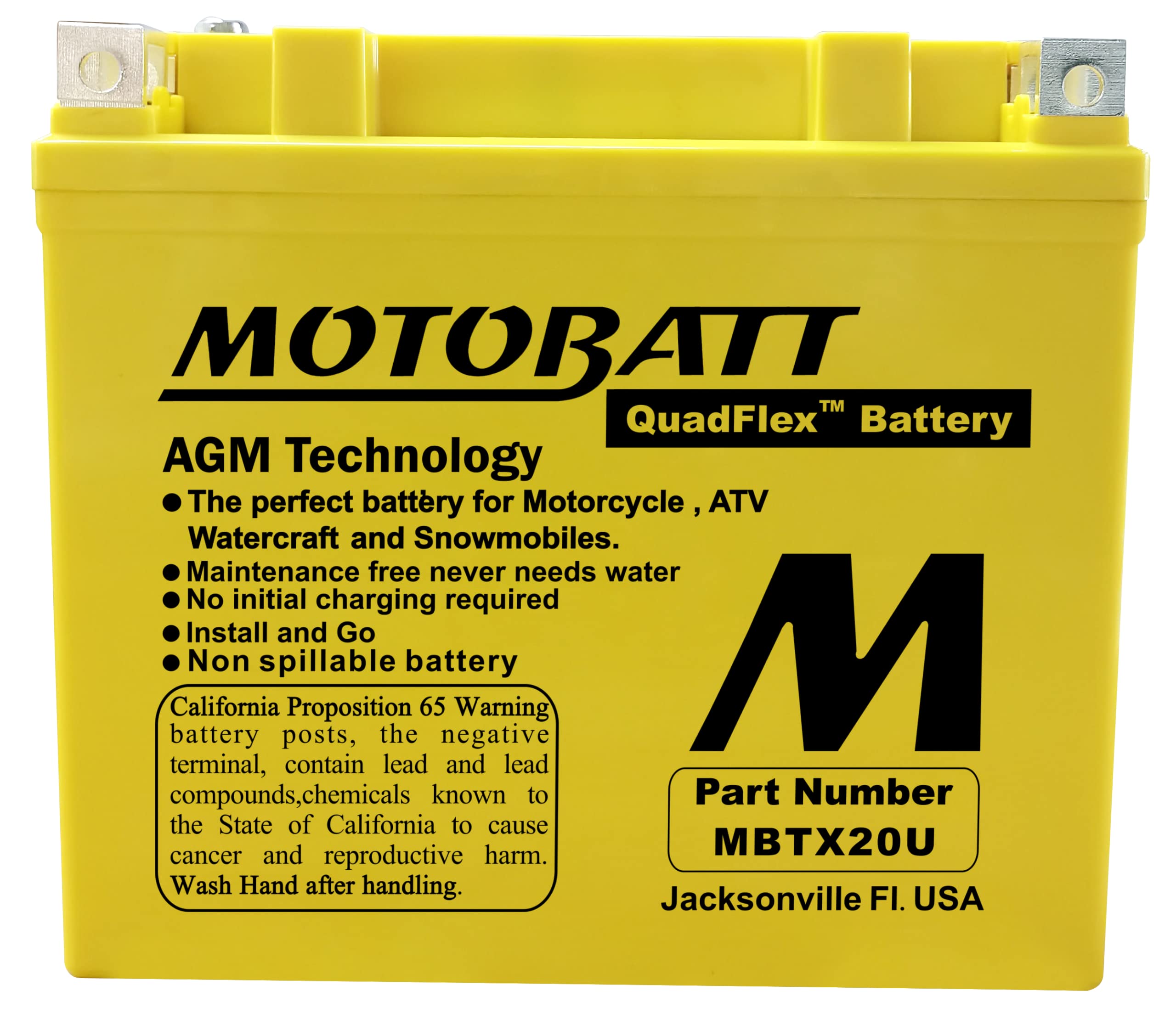 MotoBatt MBTX20U (12V 21 Amp) 280CCA Factory Activated Maintenance Free QuadFlex AGM Battery