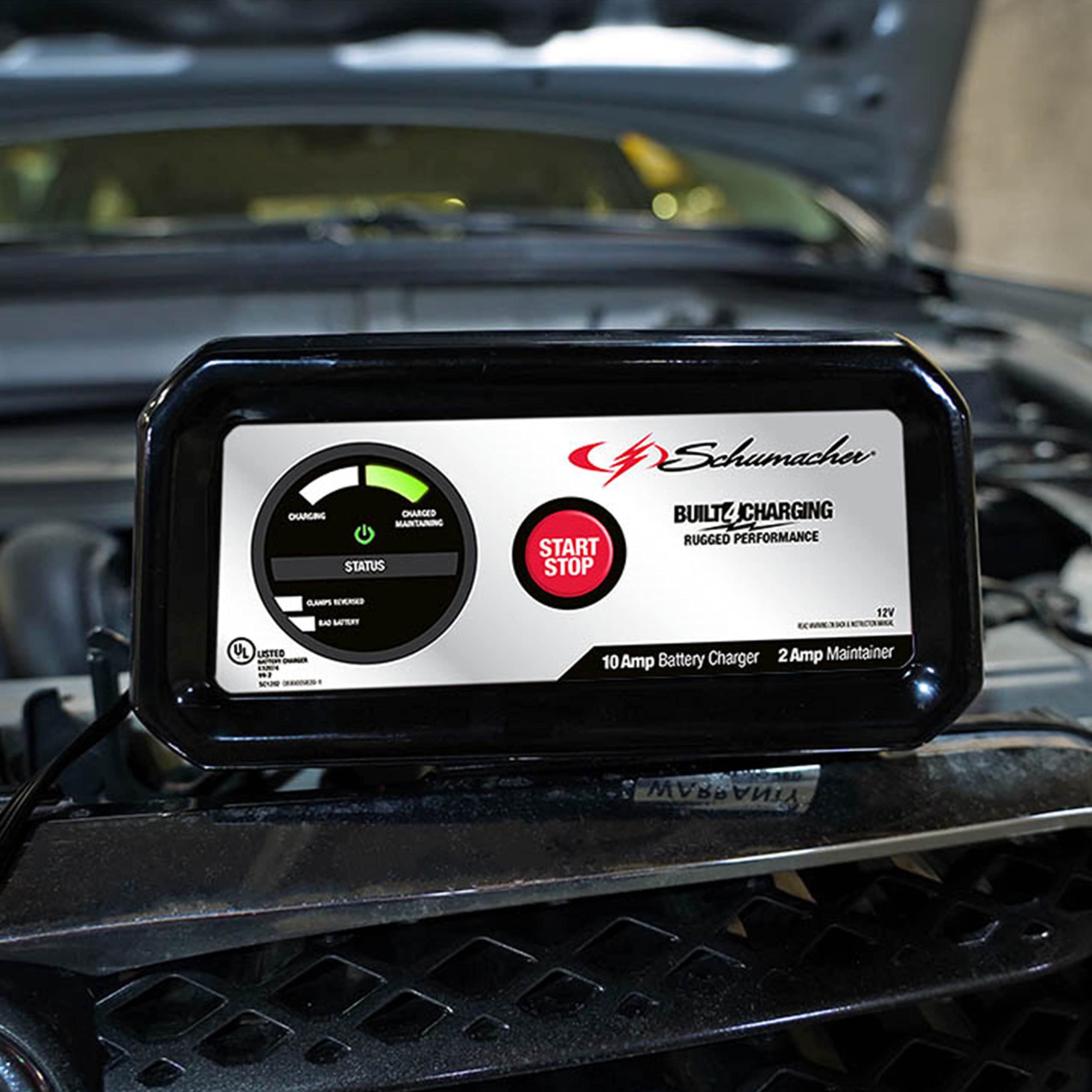 Schumacher Sc1282 Fully Automatic Battery Charger And Maintainer - 10 Amp/2 Amp 12V - For Automotive, Marine, And Power Sport Batteries, Black