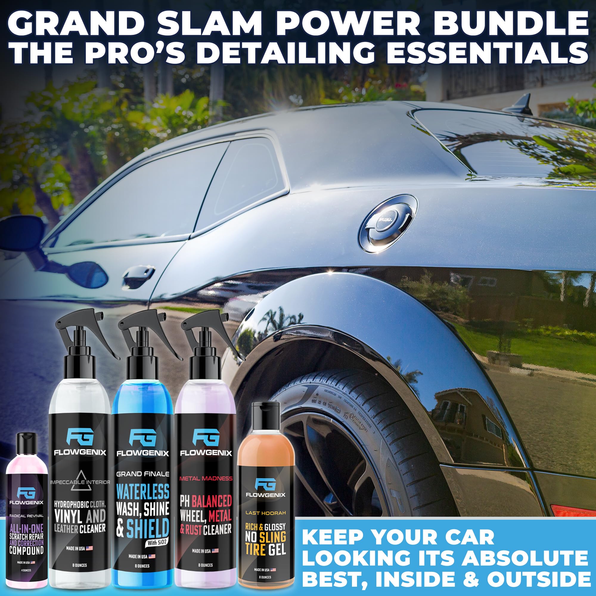 Flowgenix™ Grand Slam 5-Pack - Includes Detailing Spray, Tire Gel, Scratch Repair, Wheel Metal Rust Cleaner, Interior Water-Repellent Vinyl & Leather Cleaner - Includes 2 Microfiber Towels