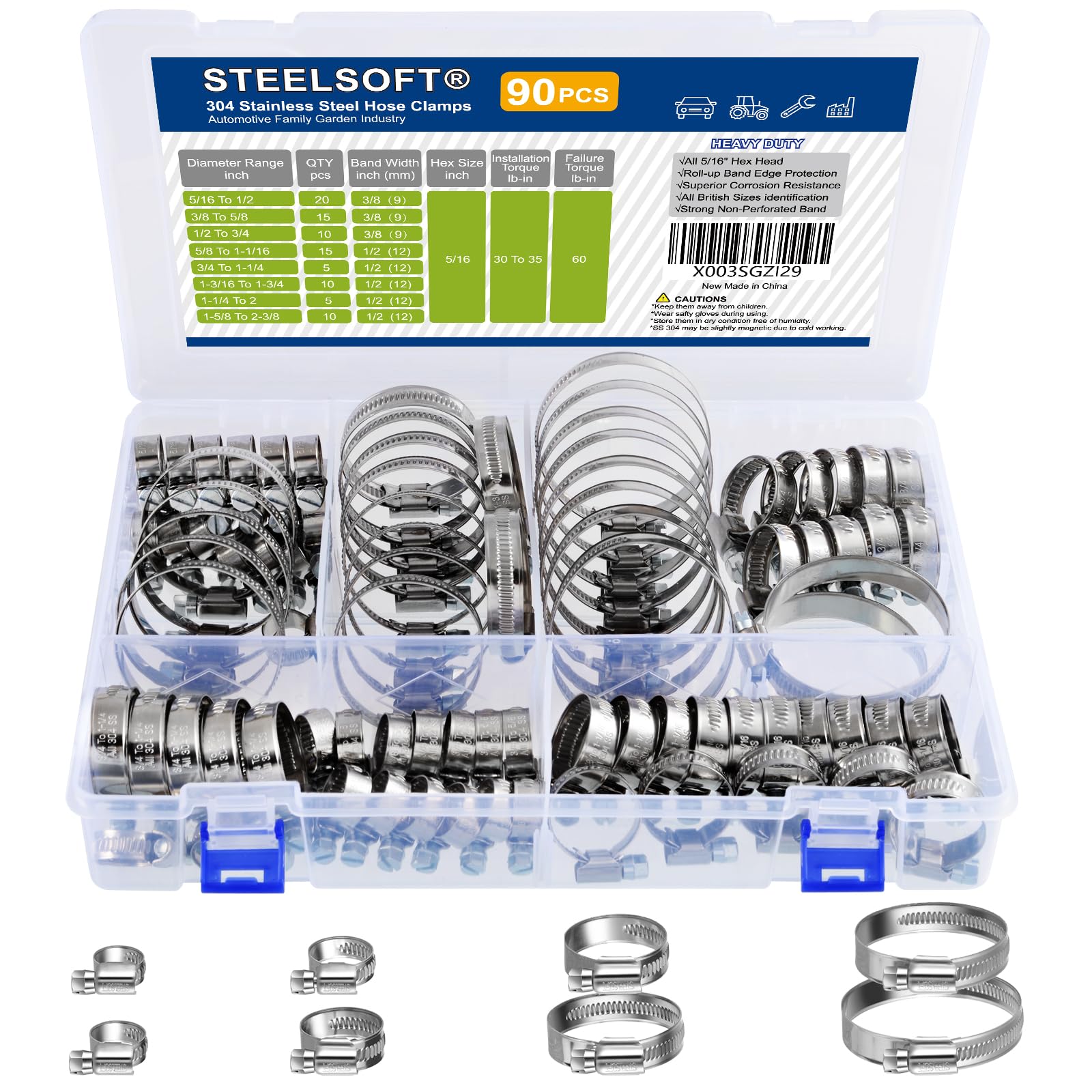Steelsoft Heavy Duty Worm Gear Hose Clamp Assortment Kit 5/16 To 2-3/8''(8-60Mm) Large Rack 90Pcs, All 5/16''Hex, Adjustable Hos