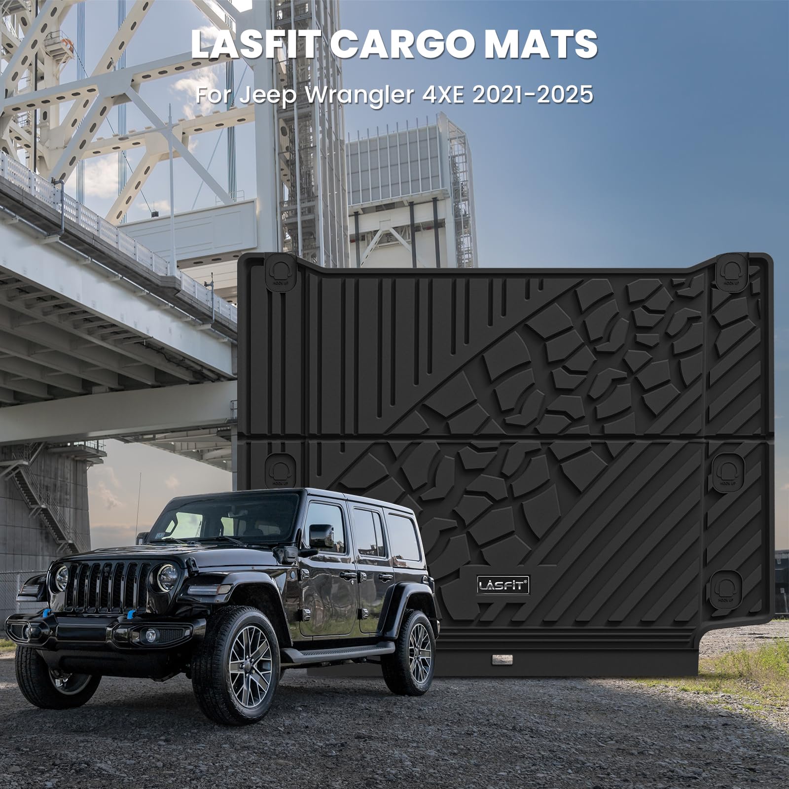Lasfit Trunk Mat For Jeep Wrangler Unlimited 4Xe 2021-2024 2025 4 Door With Subwoofer, All Weather Tpe Custom Fit Cargo Mat Trun