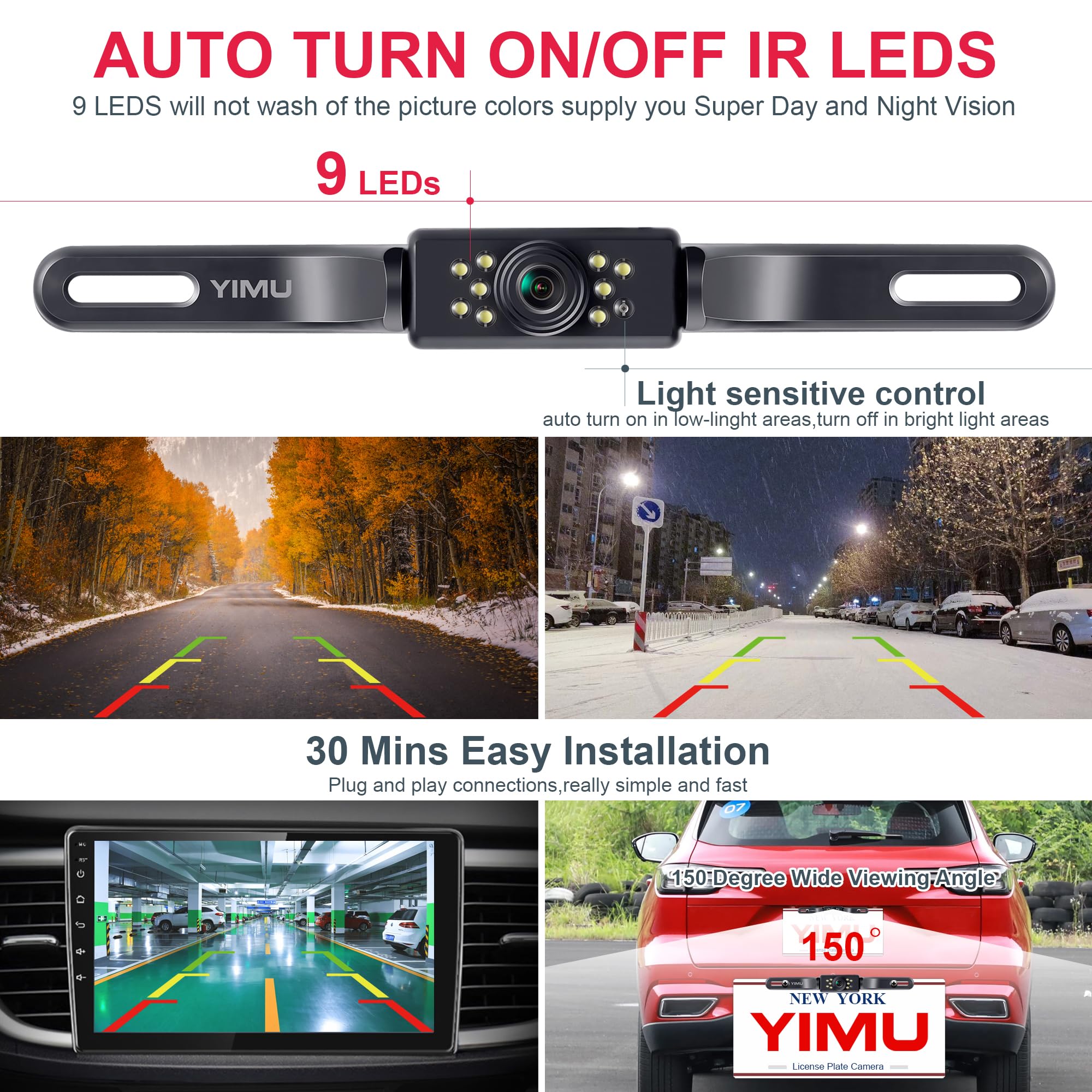 Yimu Car Backup Camera, License Plate Camera With 7 Led Lights Rear Camera, Hd Night Vision Rear View Camera,Wide View Angle, Ip