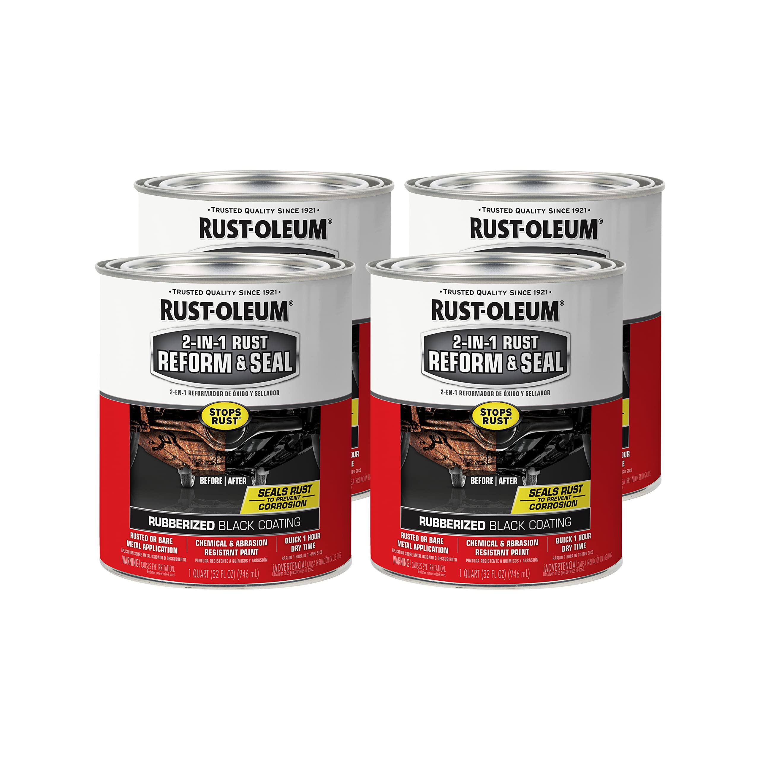 Rust-Oleum 344763-4Pk Automotive 2-In-1 Rust Reform & Seal, Quart, Black, 32 Fl Oz (Pack Of 4)
