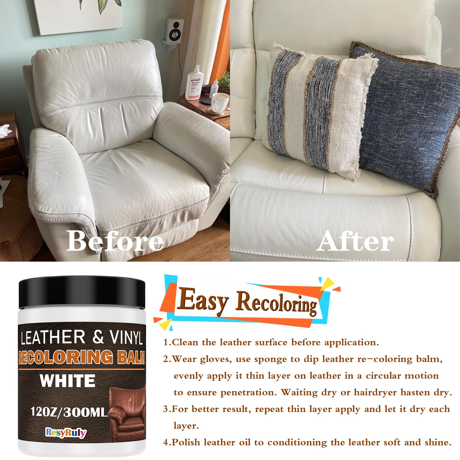 White Leather Repair Kit White Leather Dye Vinyl Paint Cream Purse Boat Seat Scratch Remover Couch Chair Car Interior Color Rest