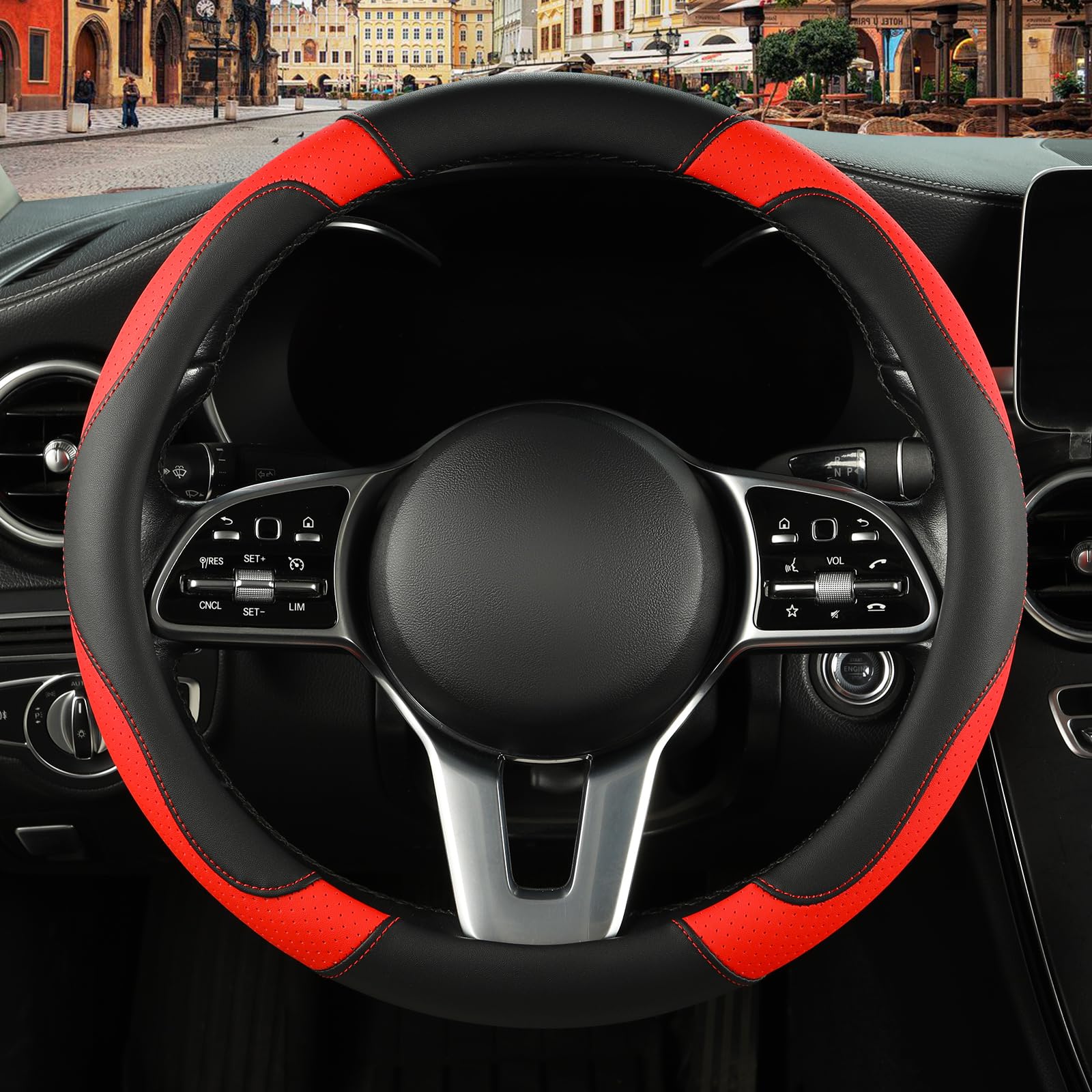 Binsheo Microfibre Leather Auto Car Steering Wheel Cover,Anti Slip 15 Inch,Black And Red