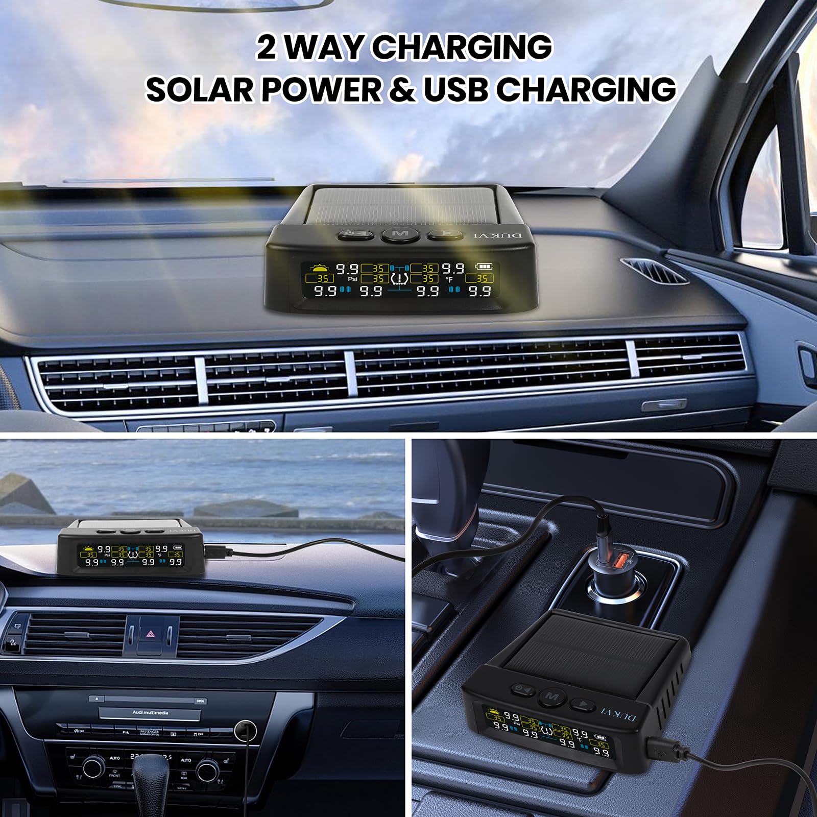 RV Tire Pressure Monitoring System with Solar and USB Charger, Trailer TPMS with 6 Sensors & 6 Alarm Modes, LCD Display Screen,
