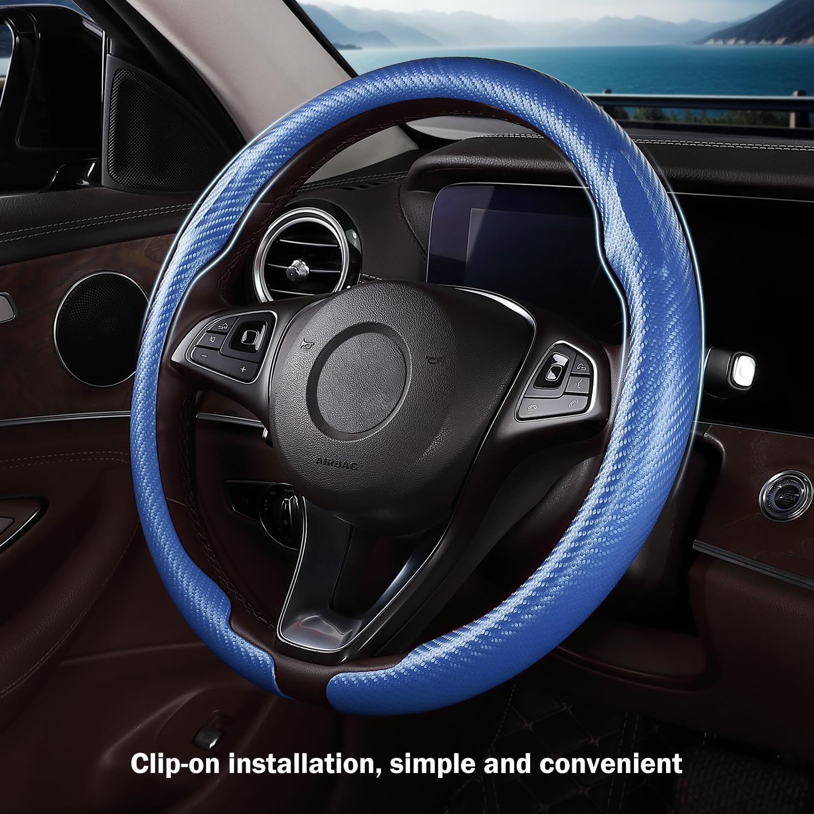 Car Steering Wheel Cover Carbon Fiber Snap On Steering Wheel Accessories Wrap 14.5-15 inch Universal Grip Anti-Skid Protector, M