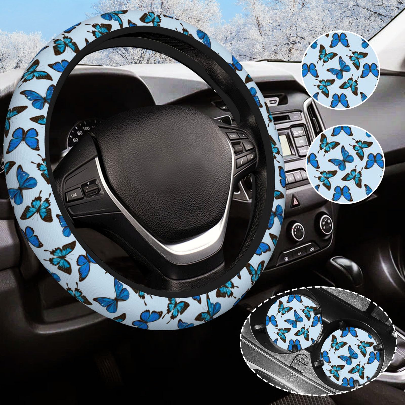 Blue Butterfly Steering Wheel Cover for Women Men with 2 Pcs Car Coasters, Universal 14.5-15 Inch Rainbow Steering Wheel Covers 