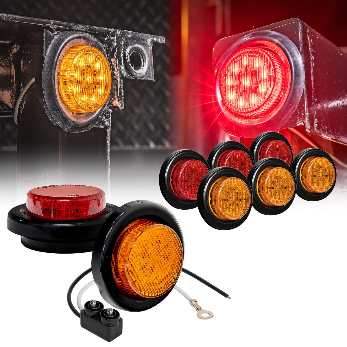 True Mods 8Pc 2'' Amber + Red Round Trailer Led Clearance Marker Lights [Dot Approved] [Reflector Lens] [Grommet] [Flush-Mount]