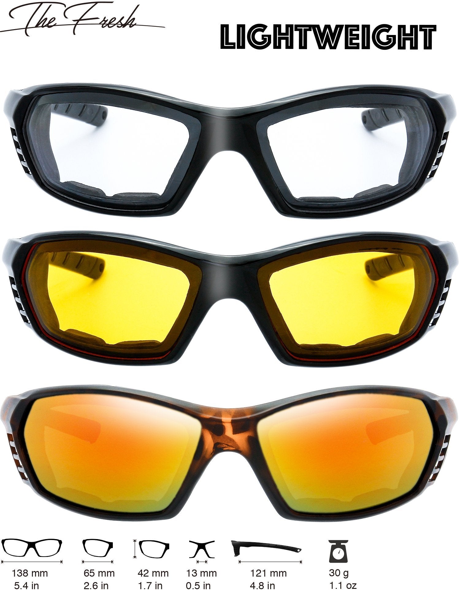 3 Pairs Motorcycle Riding Glasses Padded Frame Lens Block 100% Uvb For Outdoor Activity Sport (7-Shiny Black/Tortoise, Clear, Ye