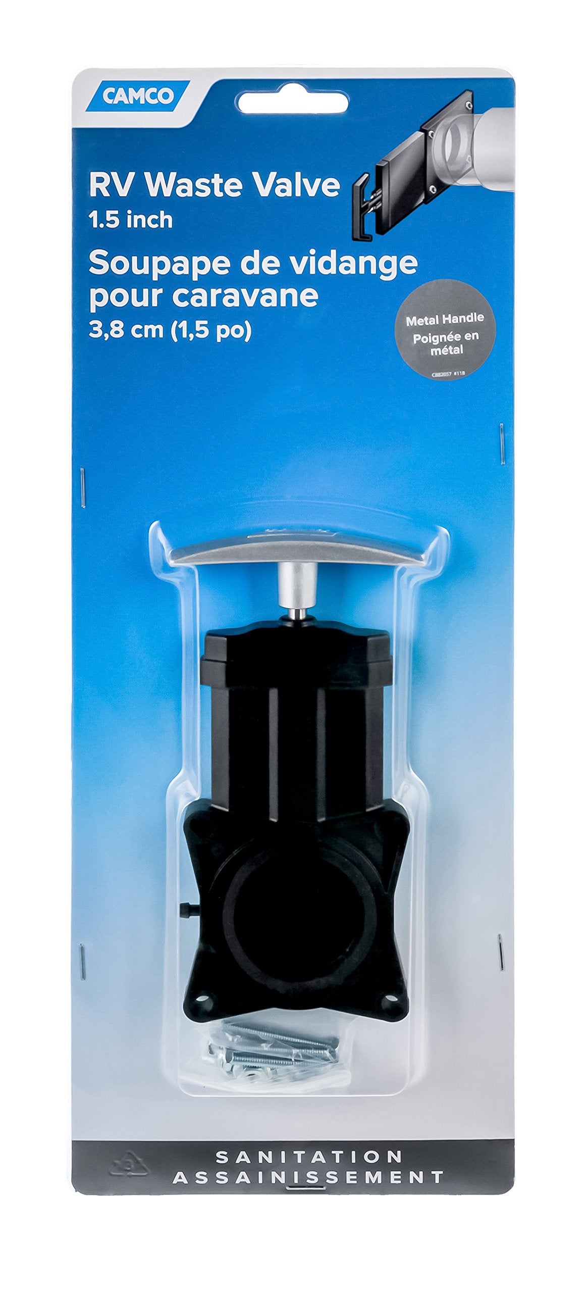 Camco 39501 Rv 1-1/2 Waste Valve With Metal Handle - Easily Replace Worn Or Damaged Waste Valves - Installation Hardware, Black