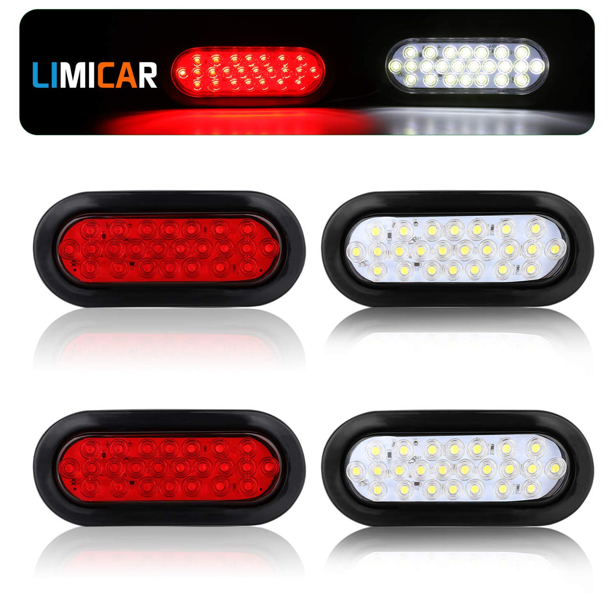 Limicar 2 Red 2 White 6 Oval Trailer Lights, 24 Led Flatbed Light Kit, Brake Stop Tail Running Oval Led Lights, Led Tail Lights For Trucks, Trailer Bus Rv Jeep Pickups Camper