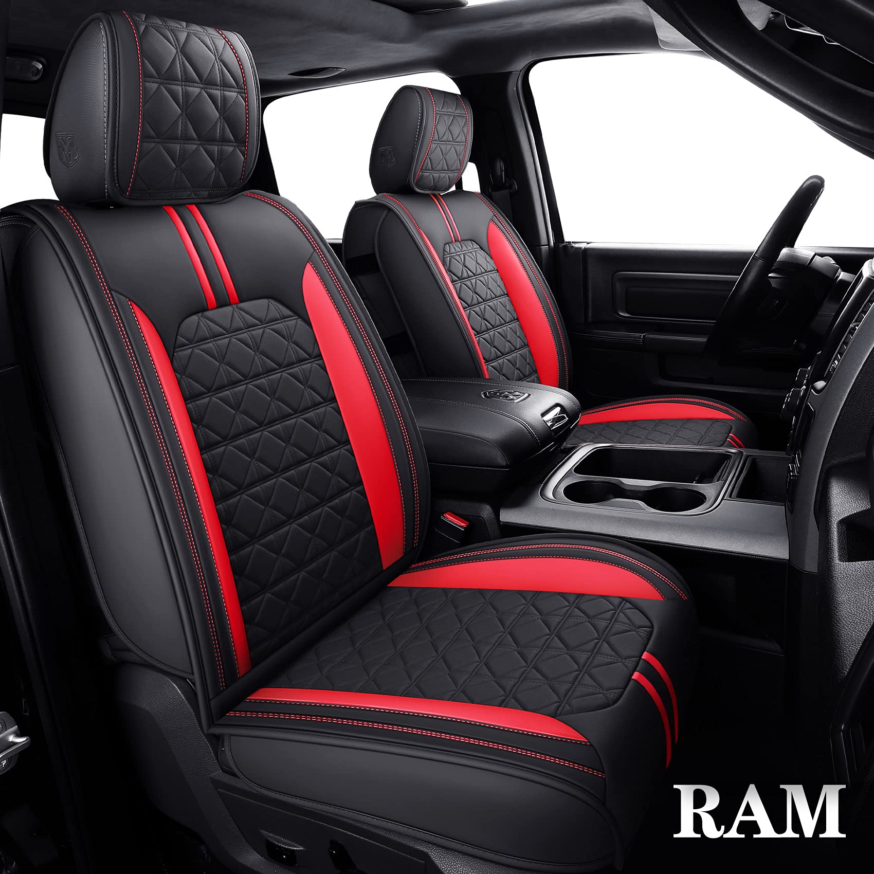 Yiertai For Dodge Ram Seat Covers Fit 2009-2025 1500Hd 2010-2023 2024 2025 2500/3500Hd Crew Double Quad Rebel Cab Laramie Big Long Horn Rebel Tradesman Leather(5 Pcs Full Set/Black-Red)