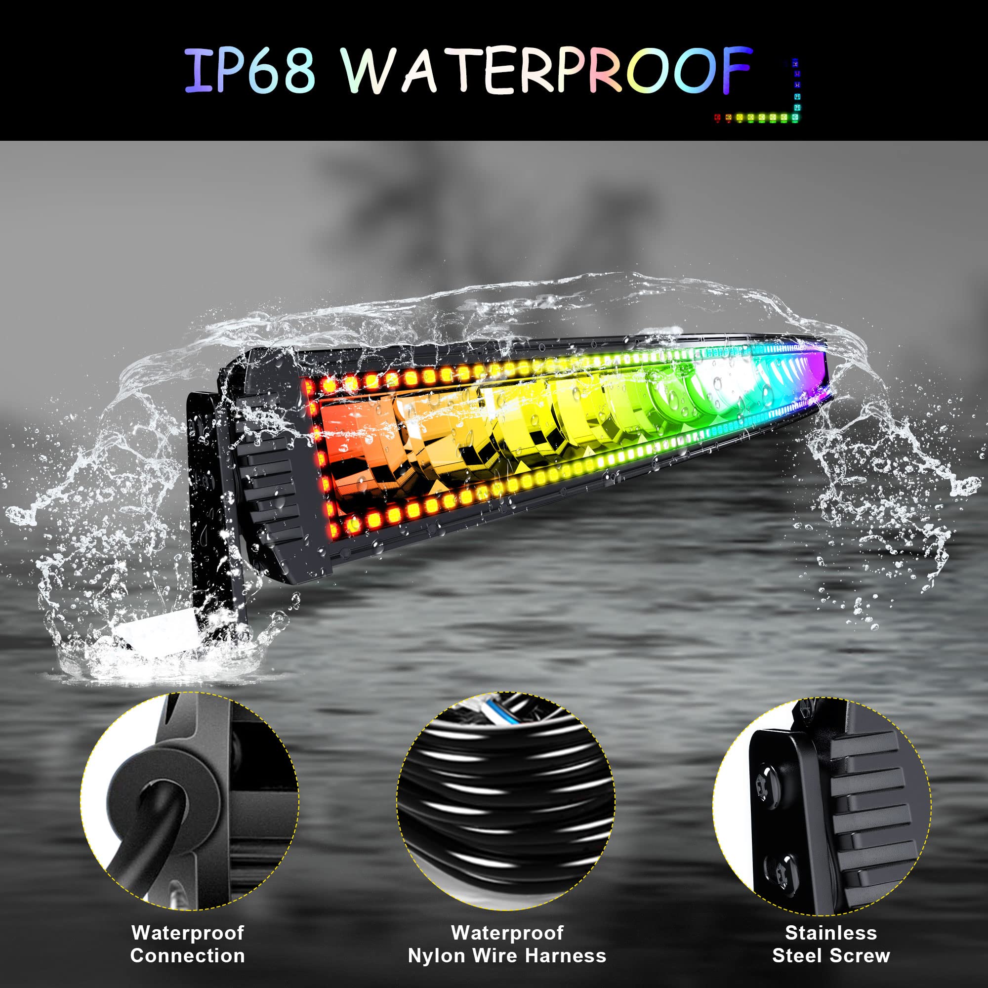 Feelon 52' Curved Rgb Led Light Bar 2X 4' Flood Led Pods With Chasing Rgb Halo 16 Solid Colors Offroad Driving Fog Lights With Switch Wiring Harness