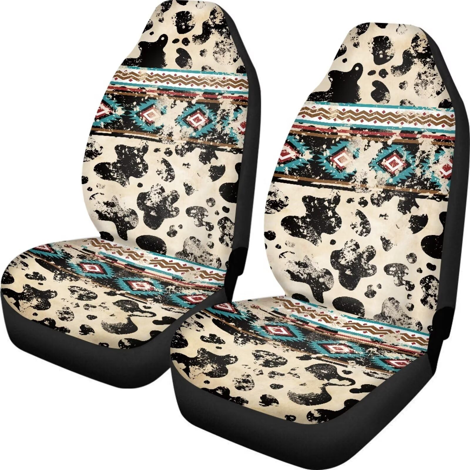 Fuibeng Set Of 2 Western Aztec Cow Automotive Seat Cover Full Set Car Protection Accessory,Comfy Elastic Front Seat Covers For M