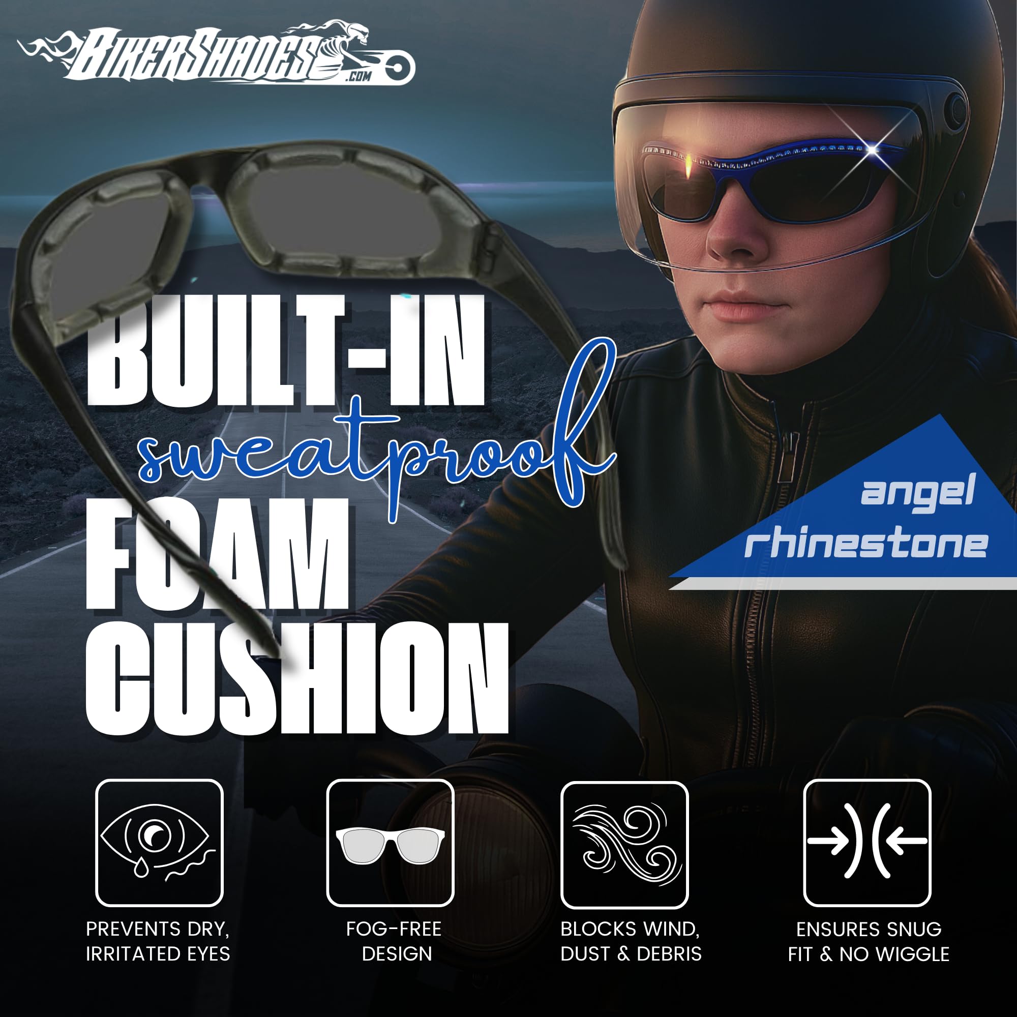 Bikershades Rhinestone Motorcycle Sunglasses Foam Padded For Women. (Smoke Pink + Yellow Pink Combo)