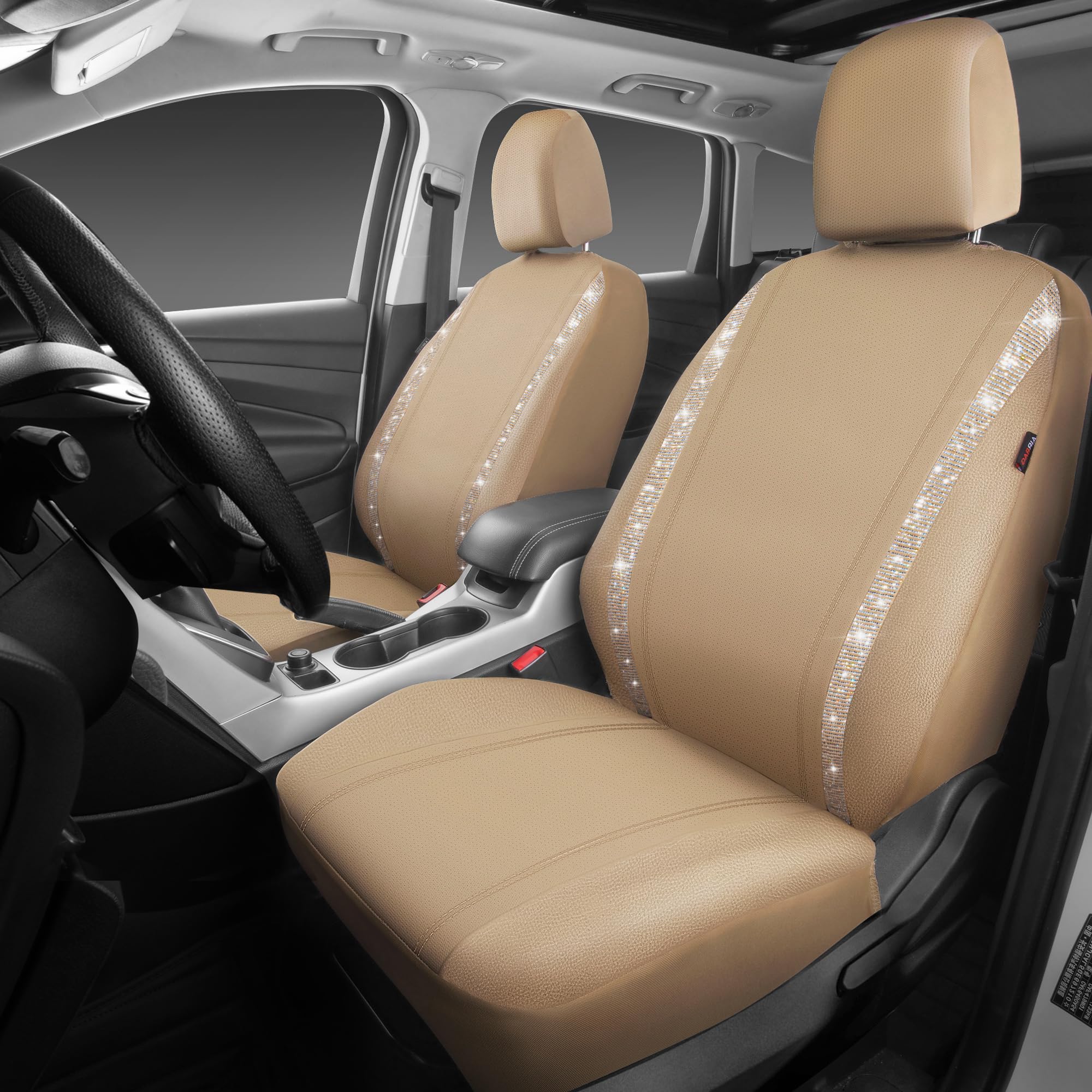Car Pass Cow Diamond Leather Bling Car Seat Covers Universal, Faux Shining Rhinestones Two Front Only, Fit 95% Automotive Glitte