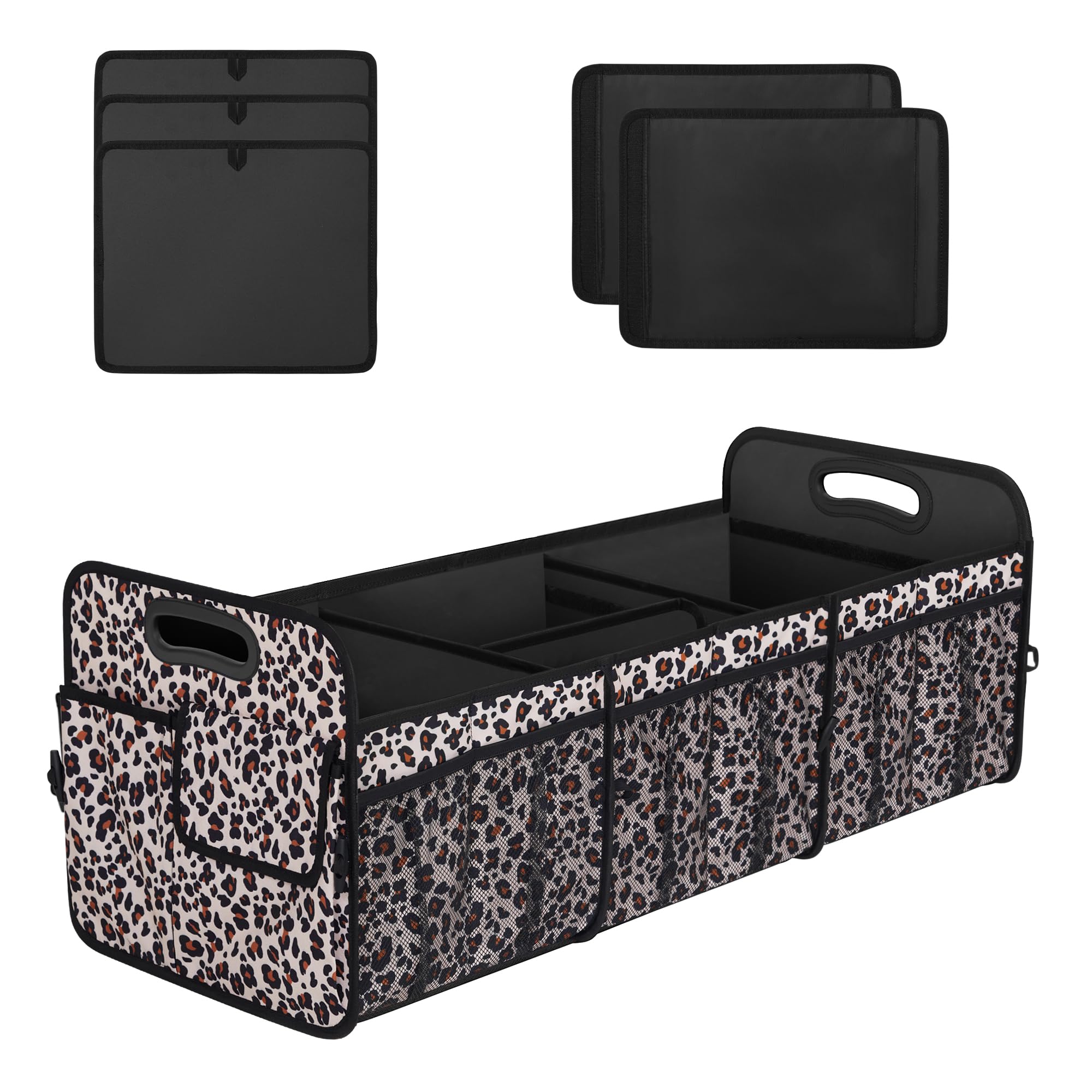 Femuar Collapsible Trunk Organizer - 90L Large Capacity with 15 Pockets, Waterproof for SUV/Car/Jeep/Sedan, Extra Large Leopard 