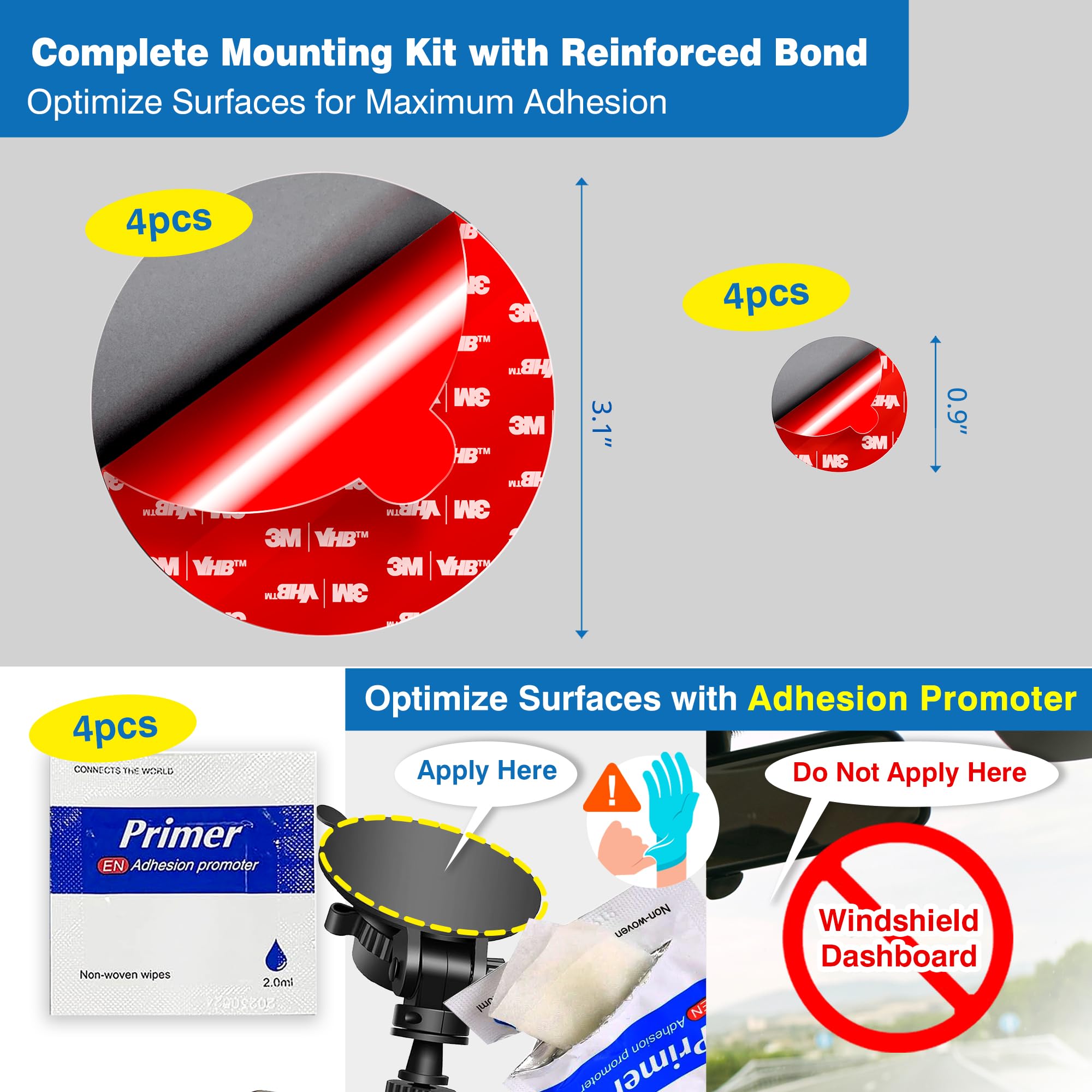 3M VHB Round Double-Sided Adhesive Pads - 4pcs Each of 3.15'' and 0.91'' Sticky Mounting Tape for Phone Holder, Car Magnetic Mou