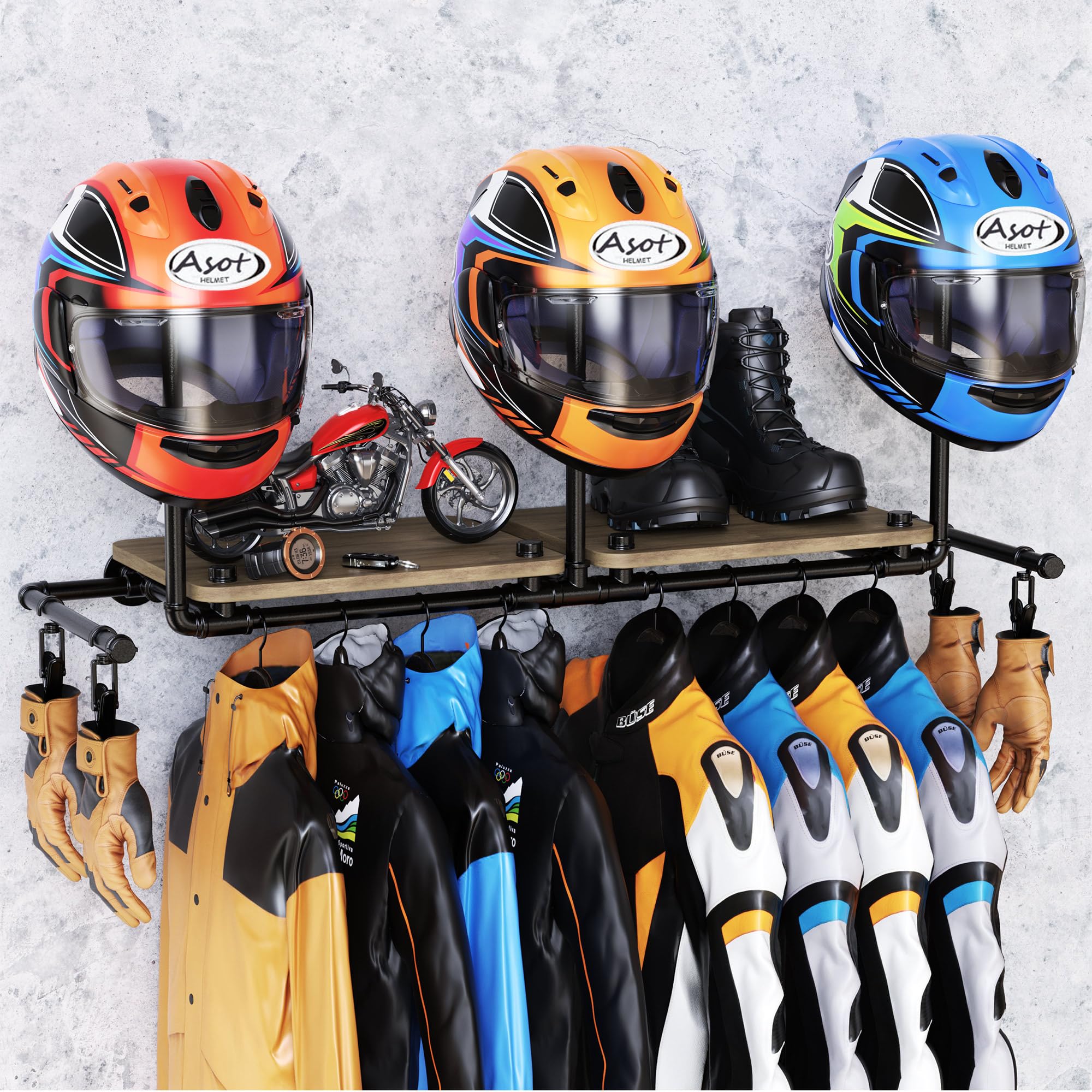 ATSKIM Double Motorcycle Helmet Holder Wall Mount, Helmet Hanger and Jacket Holder Wall Mount, Riding Gear Display Rack with 4 H