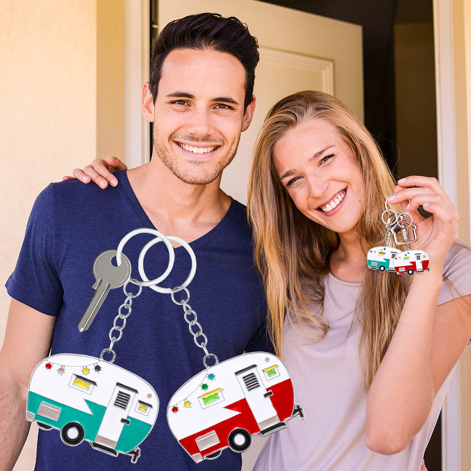 2 Pieces Camper Keychain, Rv Camper Keyring Camper Accessories For Travel Trailers Retro Camping Car Keychain Cute Keychains Red