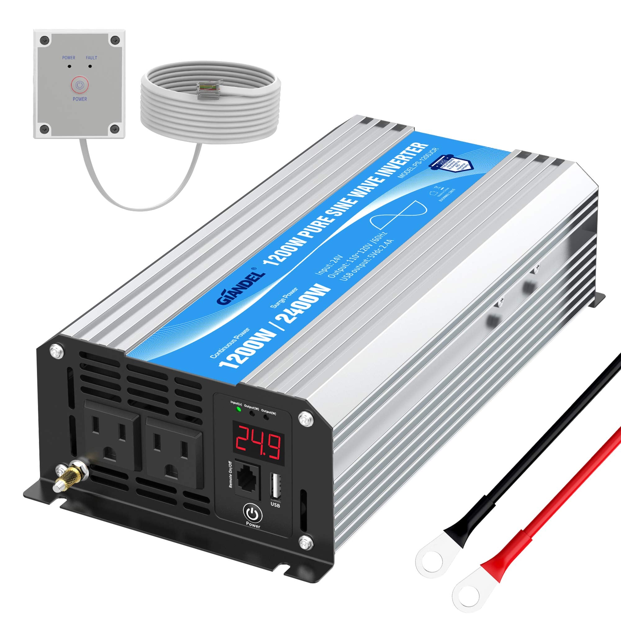 24V Pure Sine Wave Power Inverter 1200W DC 24V to AC 120V with Remote Controller and LED Display 2.4A USB Port Dual AC Outlets f