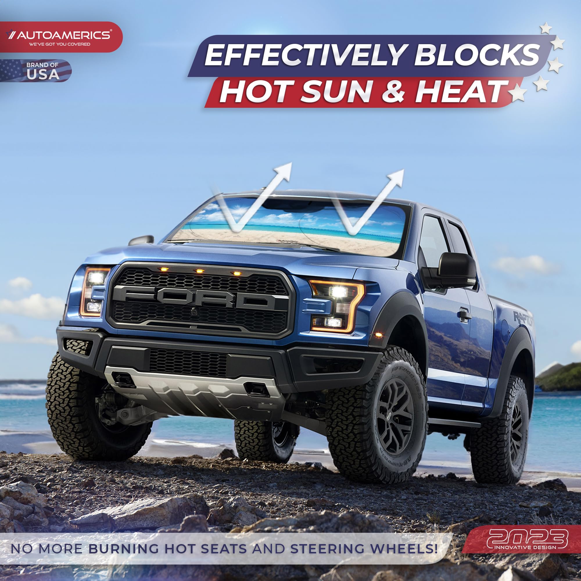 Autoamerics 1-Piece Windshield Sun Shade - Sunny Beach Design Foldable Car Front Window Sunshade For Cars Suv Truck Heat Blocker