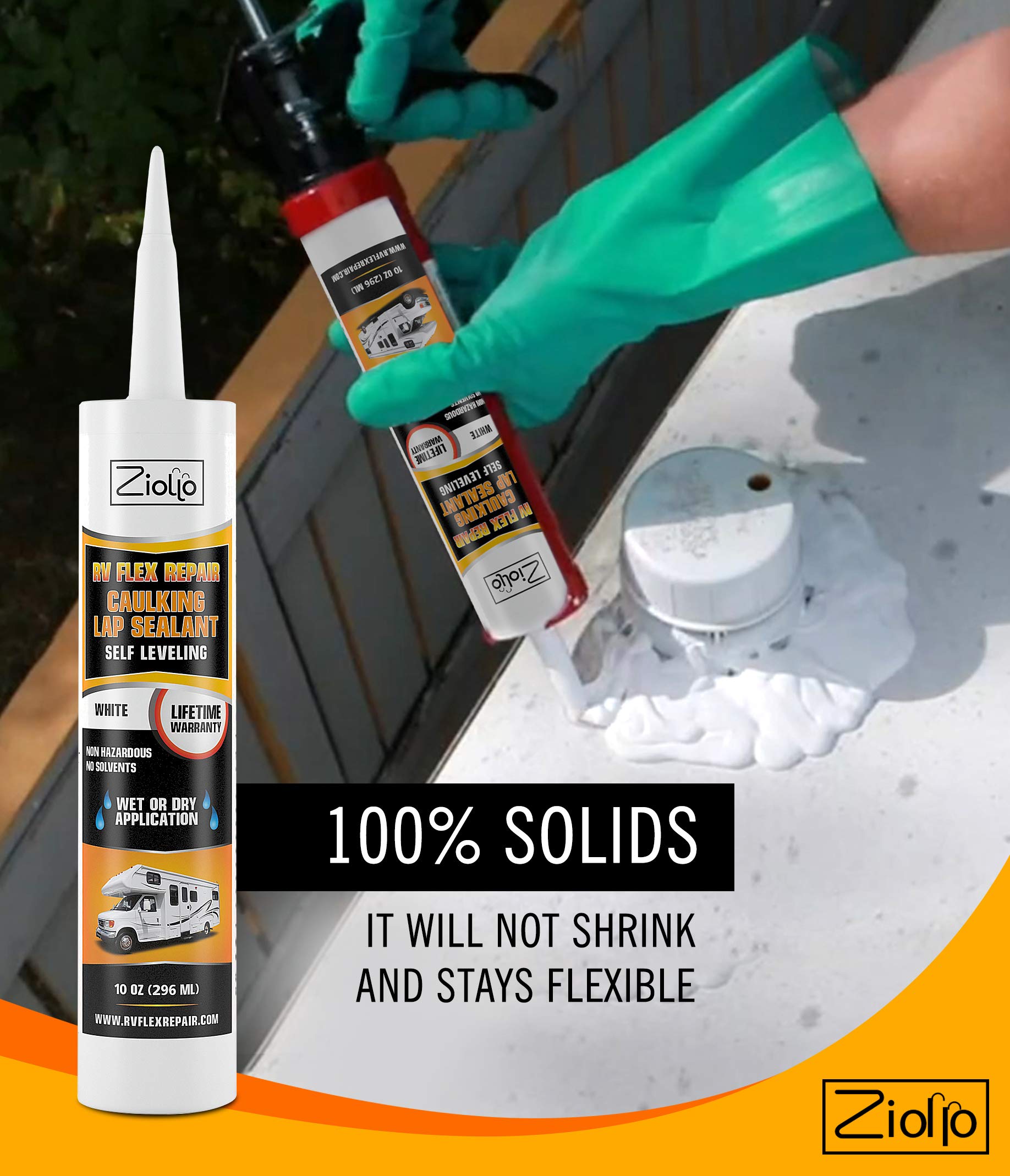 Ziollo Rv Flex Repair Caulking Lap Sealant - Self Leveling Epdm Sealant For Rubber Roofs On Motorhomes, Trailers, Campers (White, 4-10 Oz Tubes Of Rv Caulk)