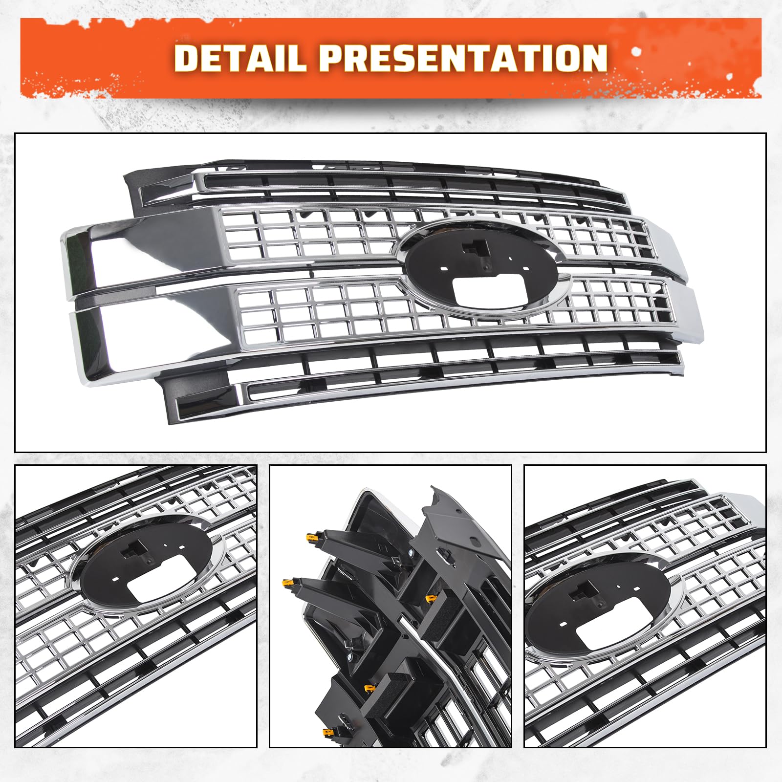 Ecotric Front Bumper Hood Grille Grill Compatible With 2017 2018 2019 Ford F250 F350 F450 Super Duty Chrome (Not Only Overlay)