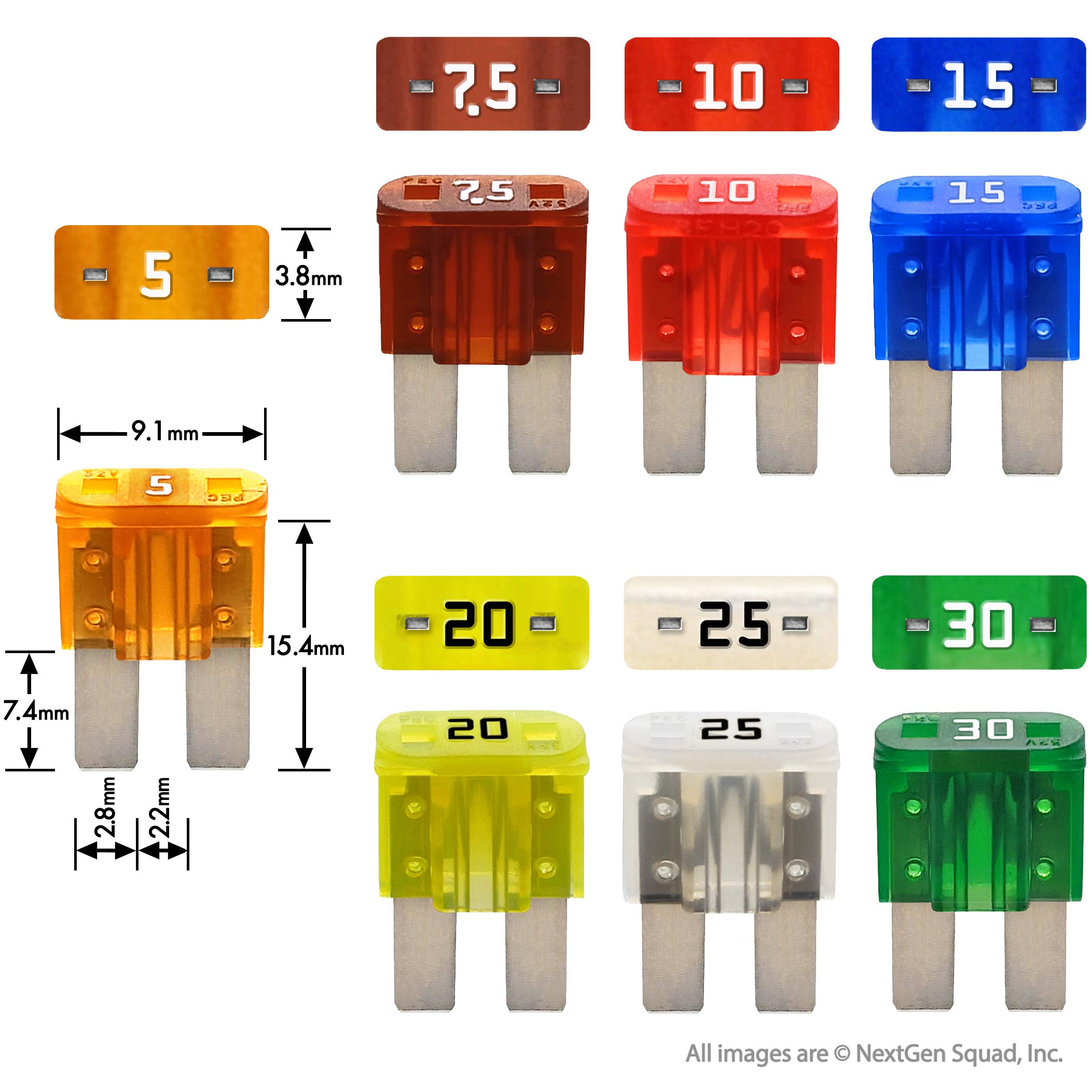 Fusetech Micro2 Apt Atr 50 Piece Automotive Car Fuse Assortment Glove Box Set (49 Micro 2 Blade Fuses + Fuse Puller) 5A 7.5A 10A