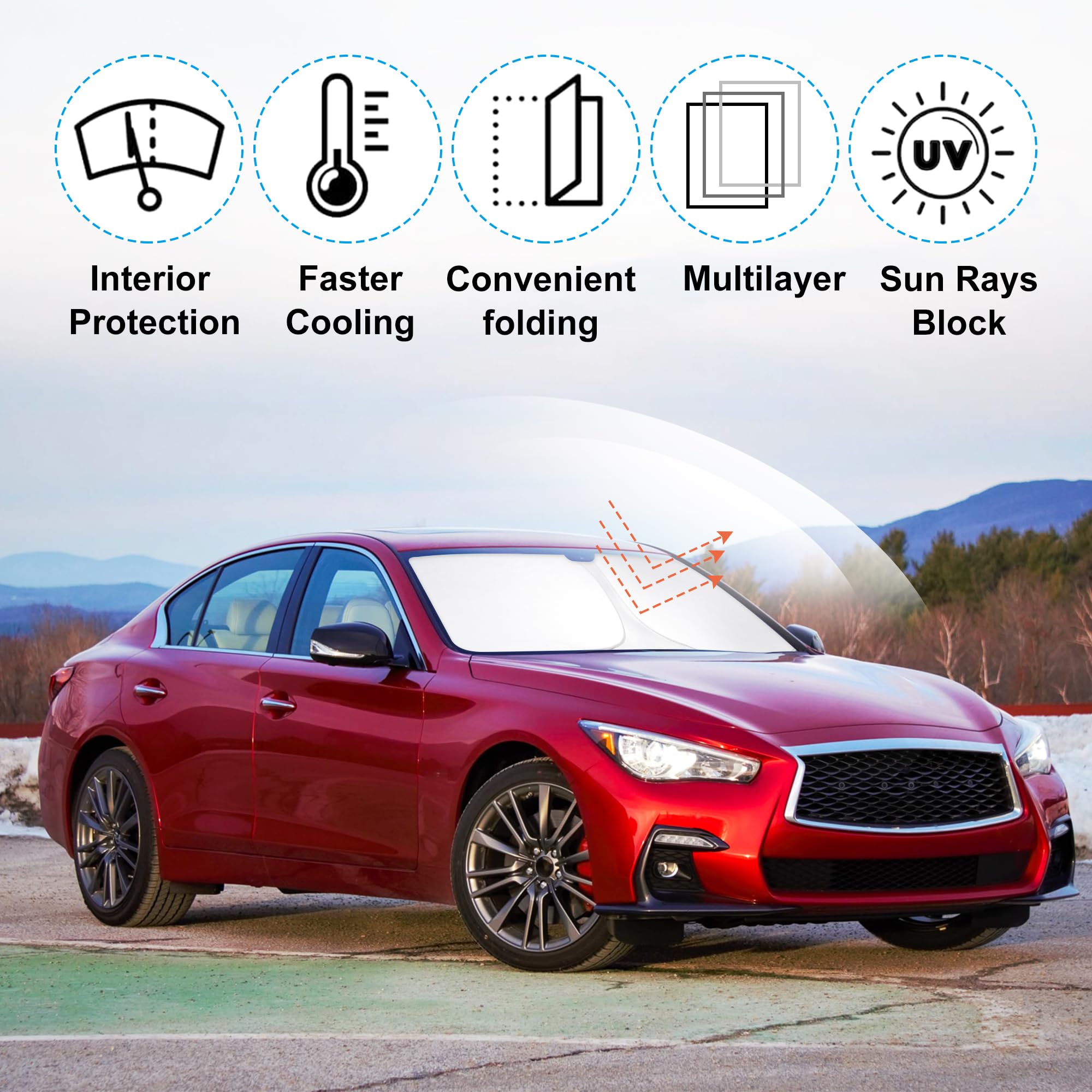 Yycke Windshield Sun Shade Accessories Compatible With 2014-2024 Q50 For Infiniti Foldable Sunshade Sun Visor Blocks Uv