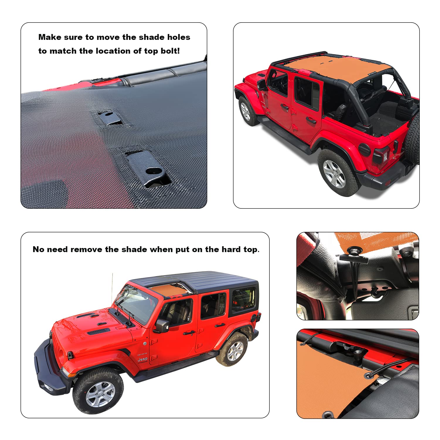 Shadeidea Jl Top Sun Shade Compatible With Jeep Wrangler Jlu Unlimited (2018-2023) 4 Door Front And Rear-Orange Mesh Screen Suns