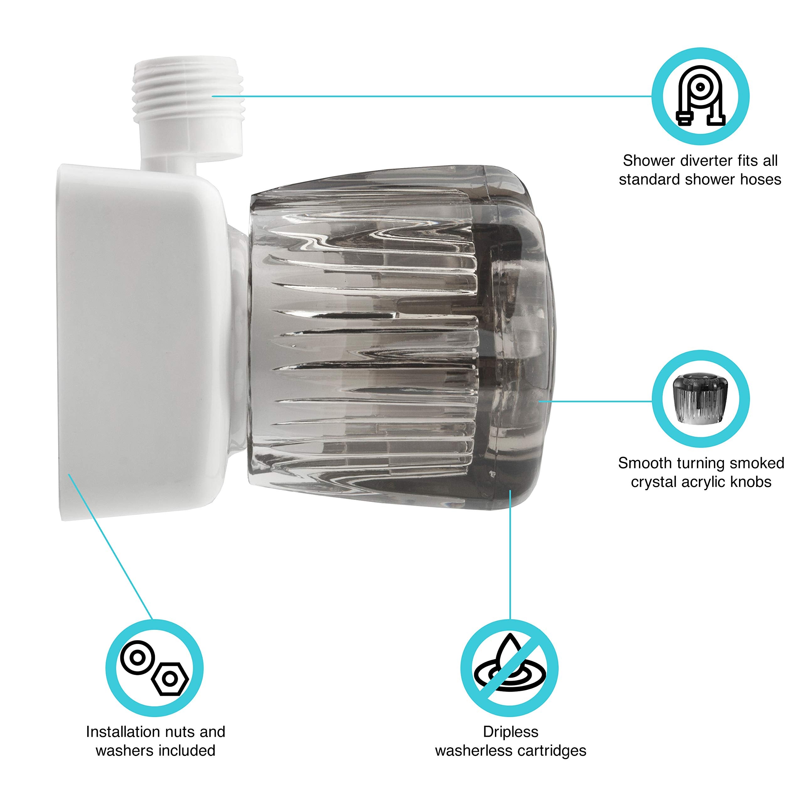 Dura Faucet Df-Sa100S-Wt Rv/Motorhome/Trailer Shower Faucet Valve Diverter With Smoked Acrylic Knobs (White)